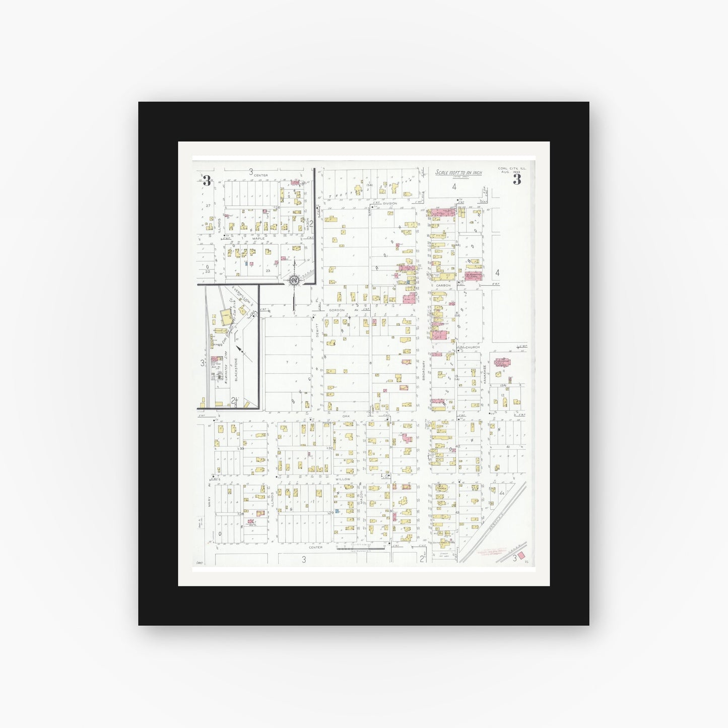 Old map wall art mockup — black gallery frame with white mat — Sanborn Fire Insurance Map from Coal City, Grundy County, Illinois (1933), Sheet #0003