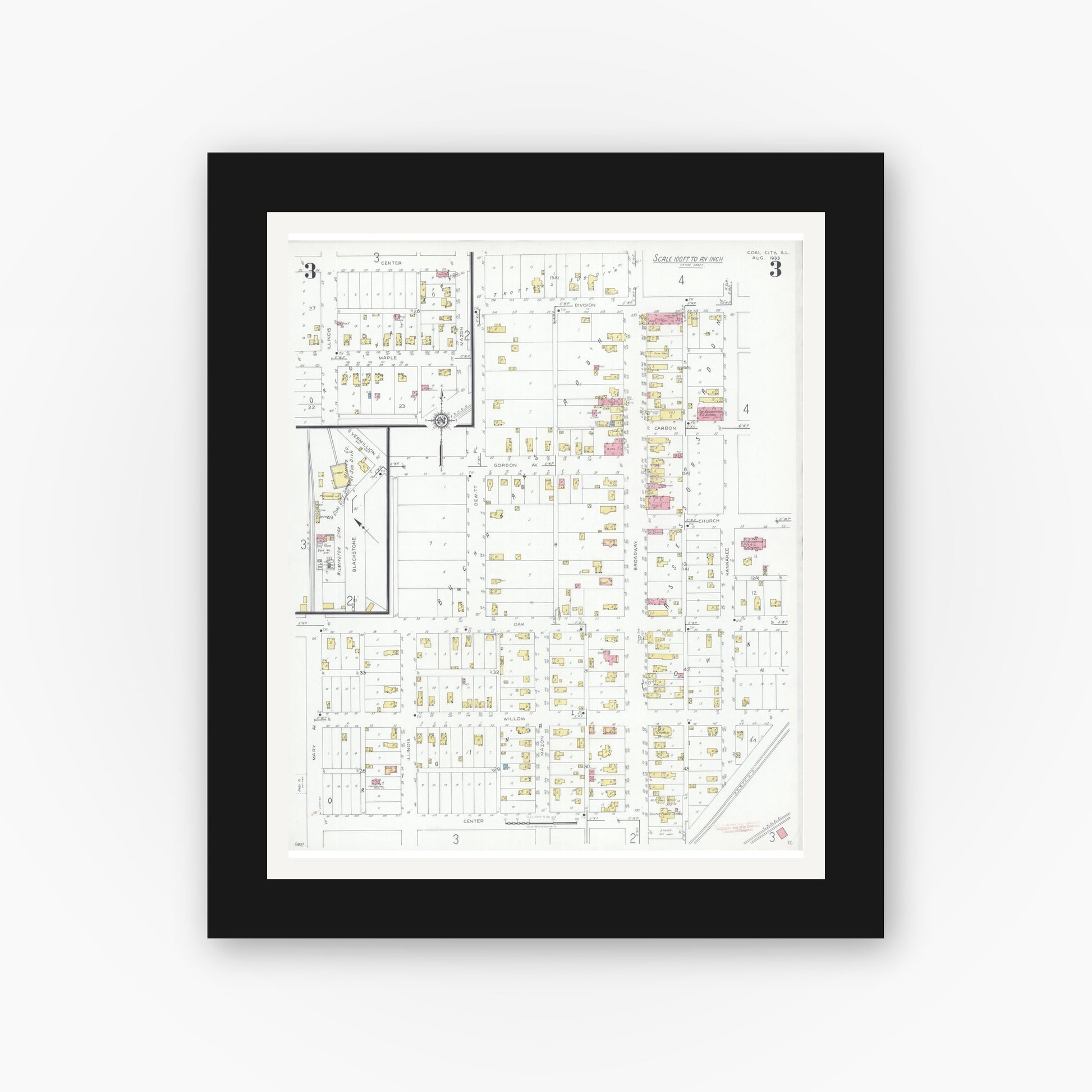 Old map wall art mockup — black gallery frame with white mat — Sanborn Fire Insurance Map from Coal City, Grundy County, Illinois (1933), Sheet #0003