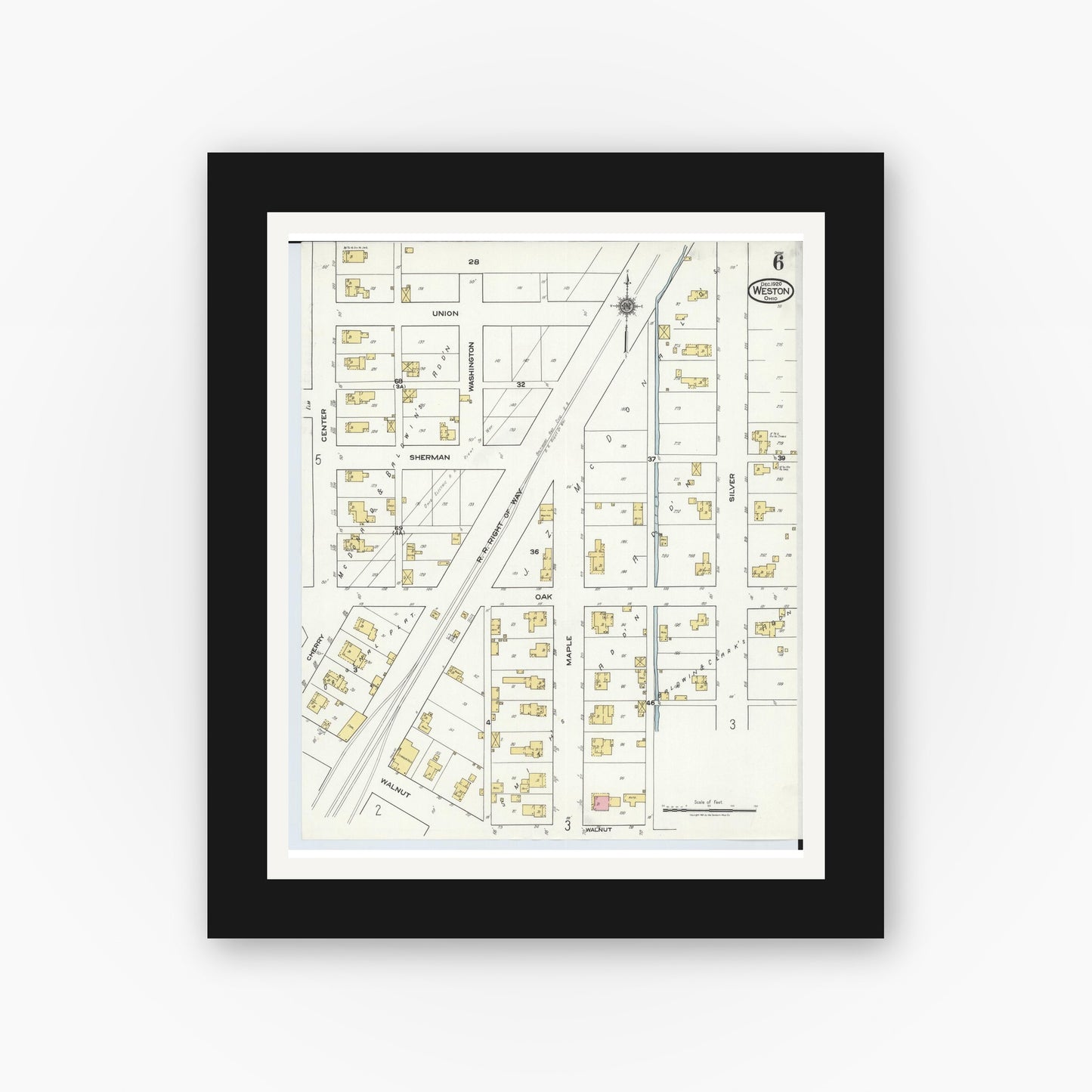 Old map wall art mockup — black gallery frame with white mat — Sanborn Fire Insurance Map from Weston, Wood County, Ohio (1920), Sheet #0006