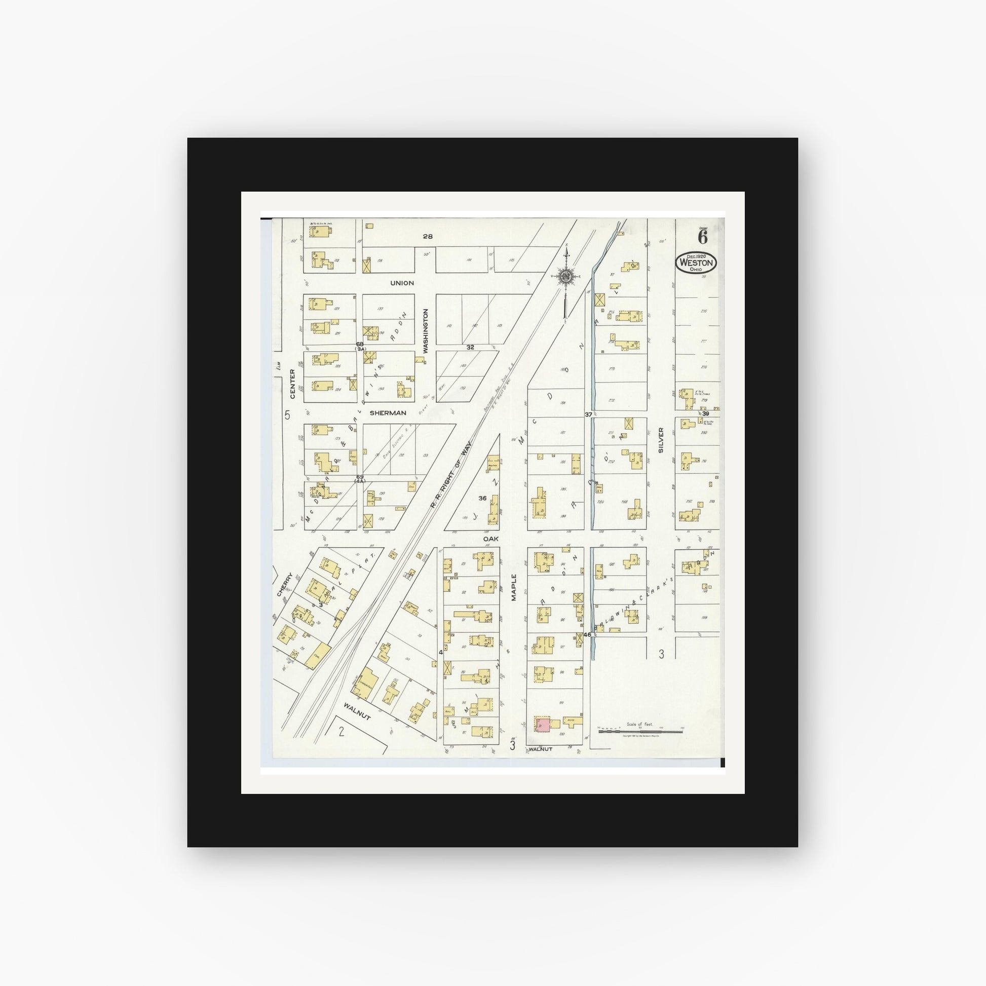 Old map wall art mockup — black gallery frame with white mat — Sanborn Fire Insurance Map from Weston, Wood County, Ohio (1920), Sheet #0006