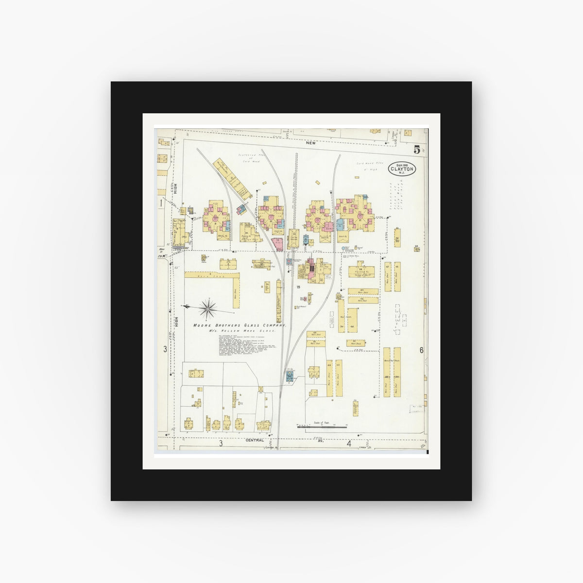 Old map wall art mockup — black gallery frame with white mat — Sanborn Fire Insurance Map from Clayton, Gloucester County, New Jersey (1905), Sheet #0005