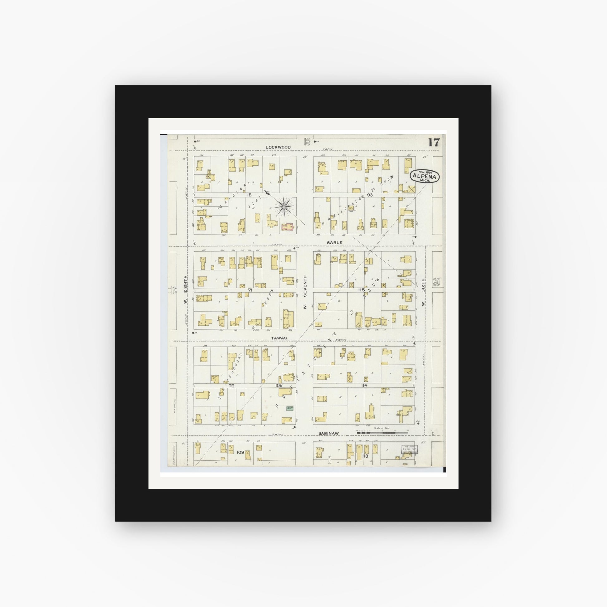 Old map wall art mockup — black gallery frame with white mat — Sanborn Fire Insurance Map from Alpena, Alpena County, Michigan (1895), Sheet #0017