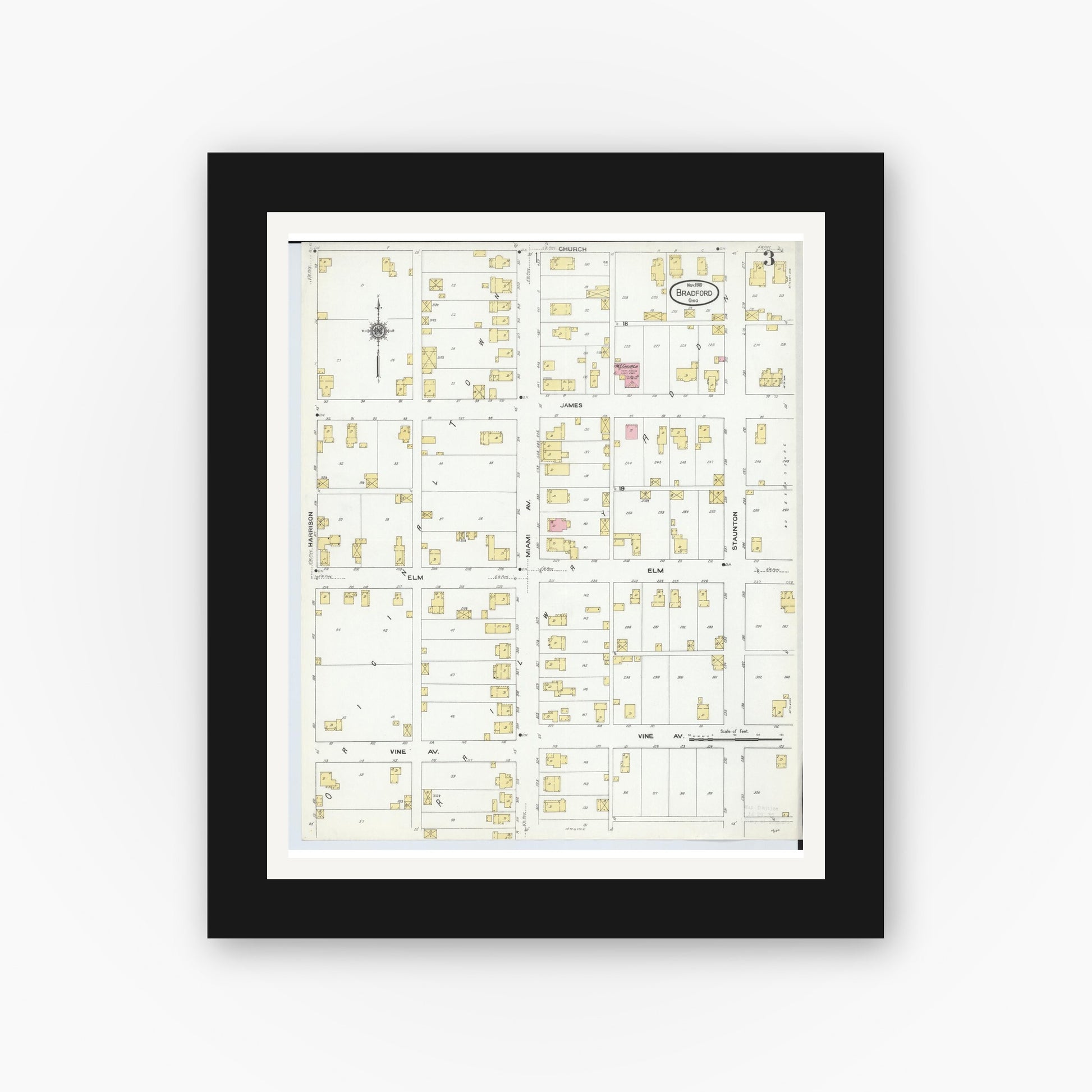 Old map wall art mockup — black gallery frame with white mat — Sanborn Fire Insurance Map from Bradford, Darke and Miami Counties, Ohio (1910), Sheet #0003