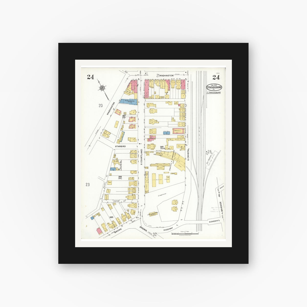 Old map wall art mockup — black gallery frame with white mat — Sanborn Fire Insurance Map from Stroudsburg, Monroe County, Pennsylvania (1923), Sheet #0024