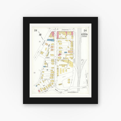 Old map wall art mockup — black gallery frame with white mat — Sanborn Fire Insurance Map from Stroudsburg, Monroe County, Pennsylvania (1923), Sheet #0024