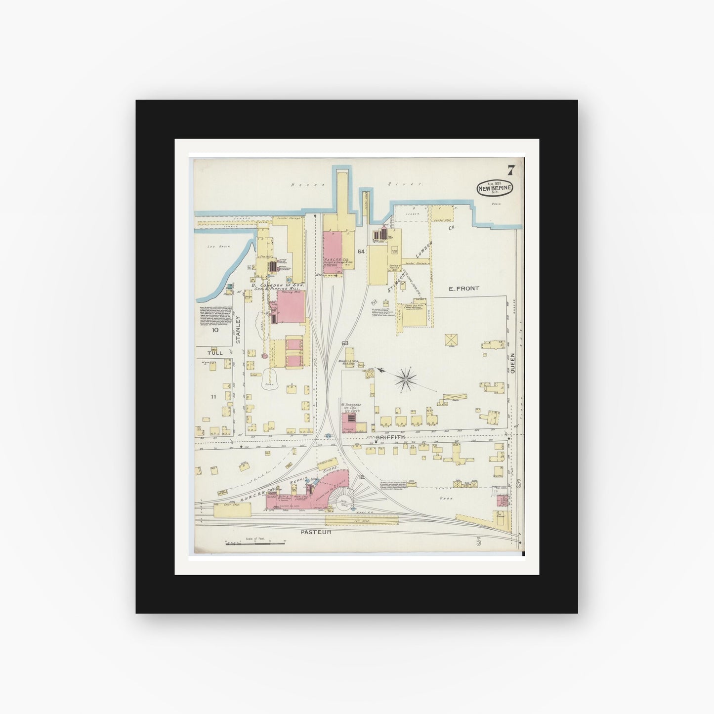 Old map wall art mockup — black gallery frame with white mat — Sanborn Fire Insurance Map from New Bern, Craven County, North Carolina (1893), Sheet #0007