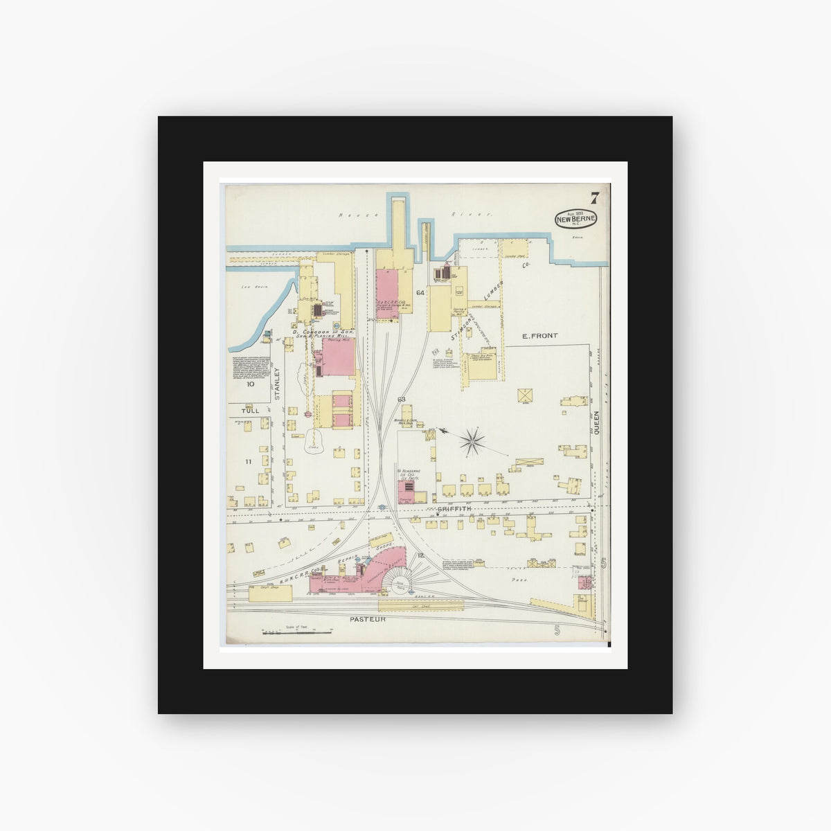 Old map wall art mockup — black gallery frame with white mat — Sanborn Fire Insurance Map from New Bern, Craven County, North Carolina (1893), Sheet #0007