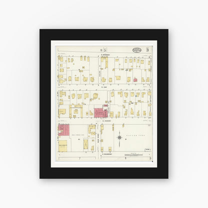Old map wall art mockup — black gallery frame with white mat — Sanborn Fire Insurance Map from Denton, Denton County, Texas (1921), Sheet #0003