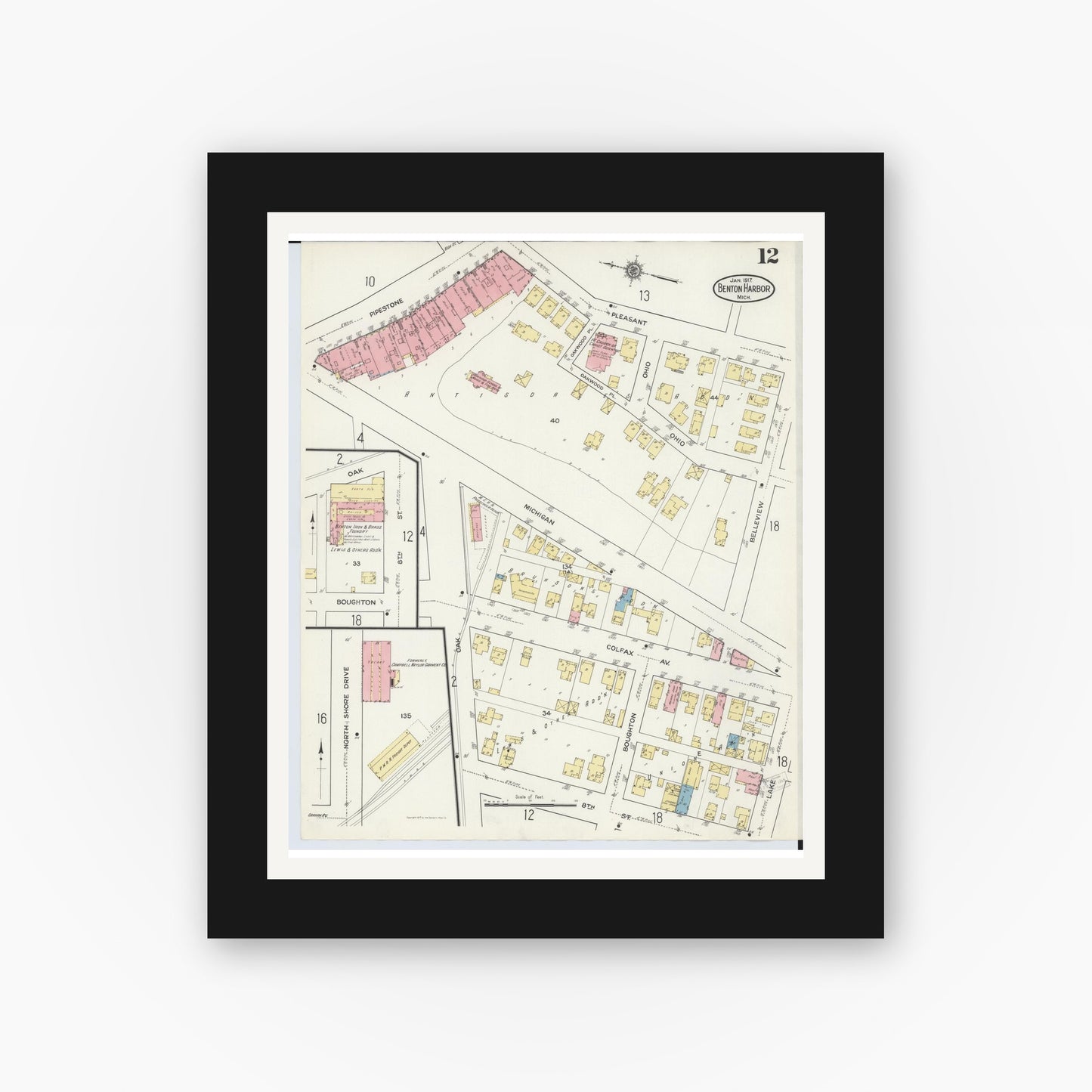 Old map wall art mockup — black gallery frame with white mat — Sanborn Fire Insurance Map from Benton Harbor, Berrien County, Michigan (1917), Sheet #0012