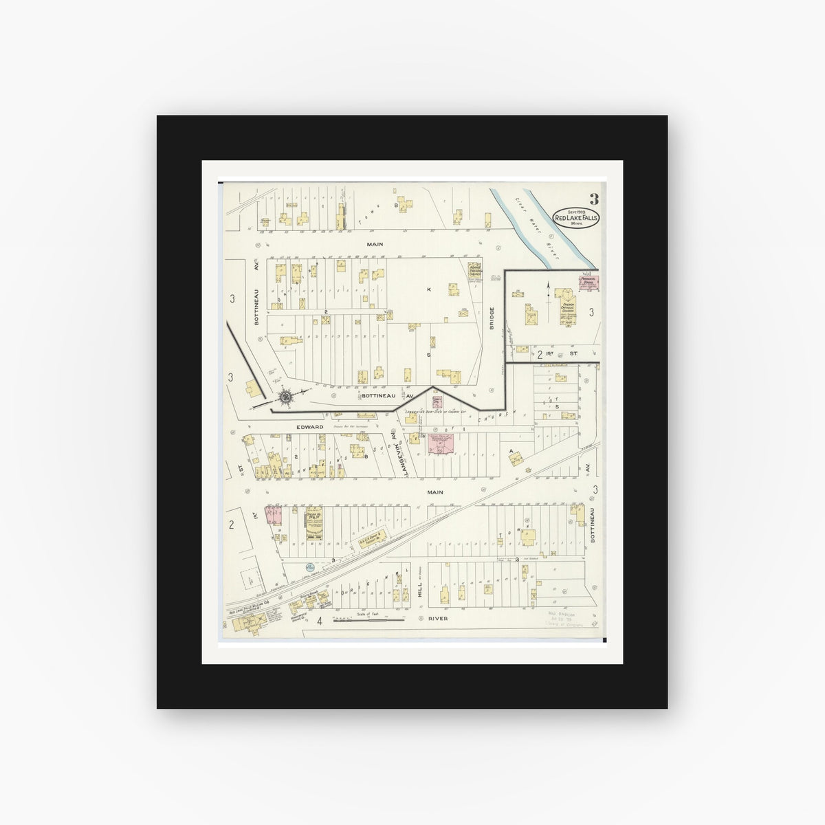 Old map wall art mockup — black gallery frame with white mat — Sanborn Fire Insurance Map from Red Lake Falls, Red Lake County, Minnesota (1909), Sheet #0003