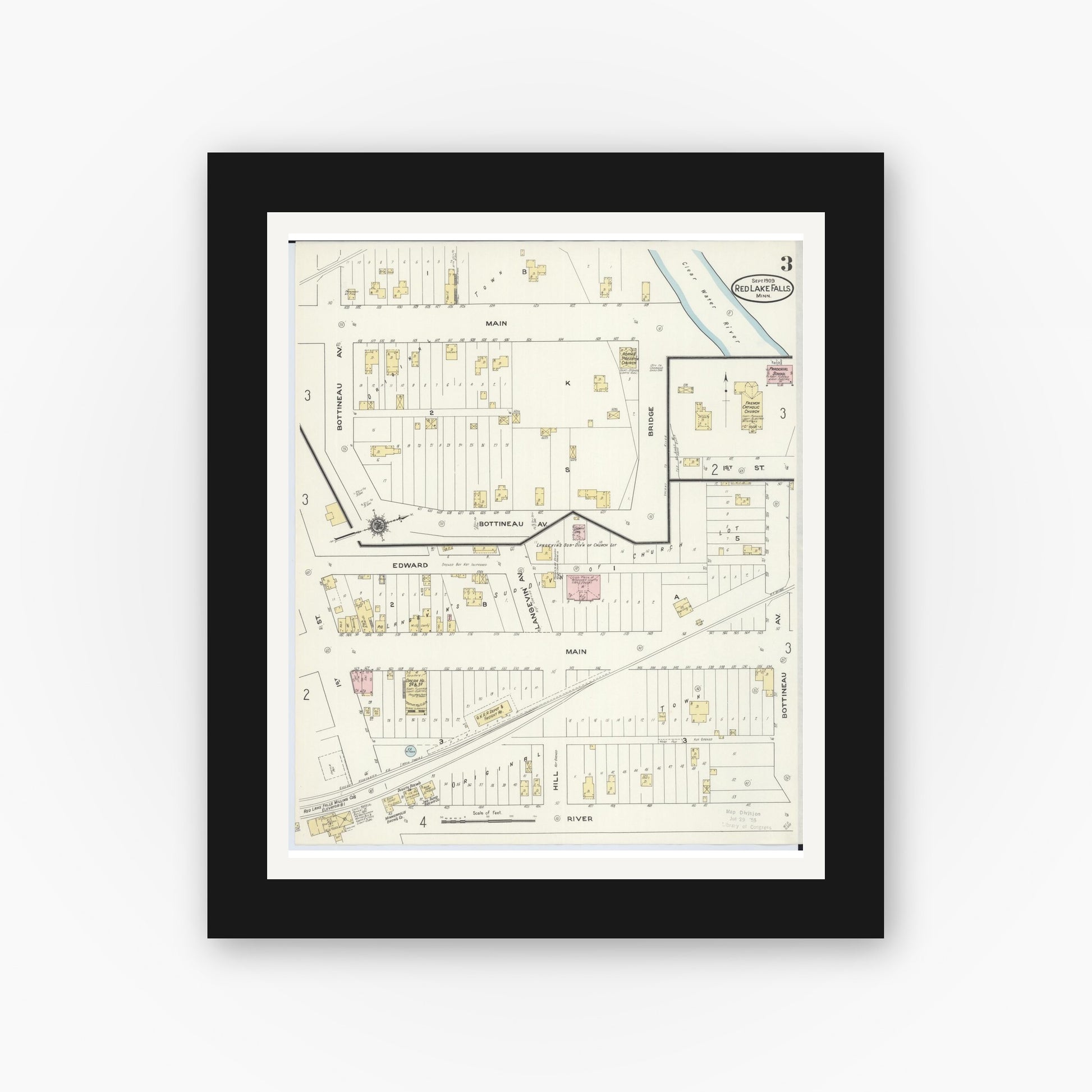 Old map wall art mockup — black gallery frame with white mat — Sanborn Fire Insurance Map from Red Lake Falls, Red Lake County, Minnesota (1909), Sheet #0003