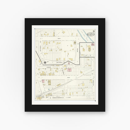 Old map wall art mockup — black gallery frame with white mat — Sanborn Fire Insurance Map from Red Lake Falls, Red Lake County, Minnesota (1909), Sheet #0003