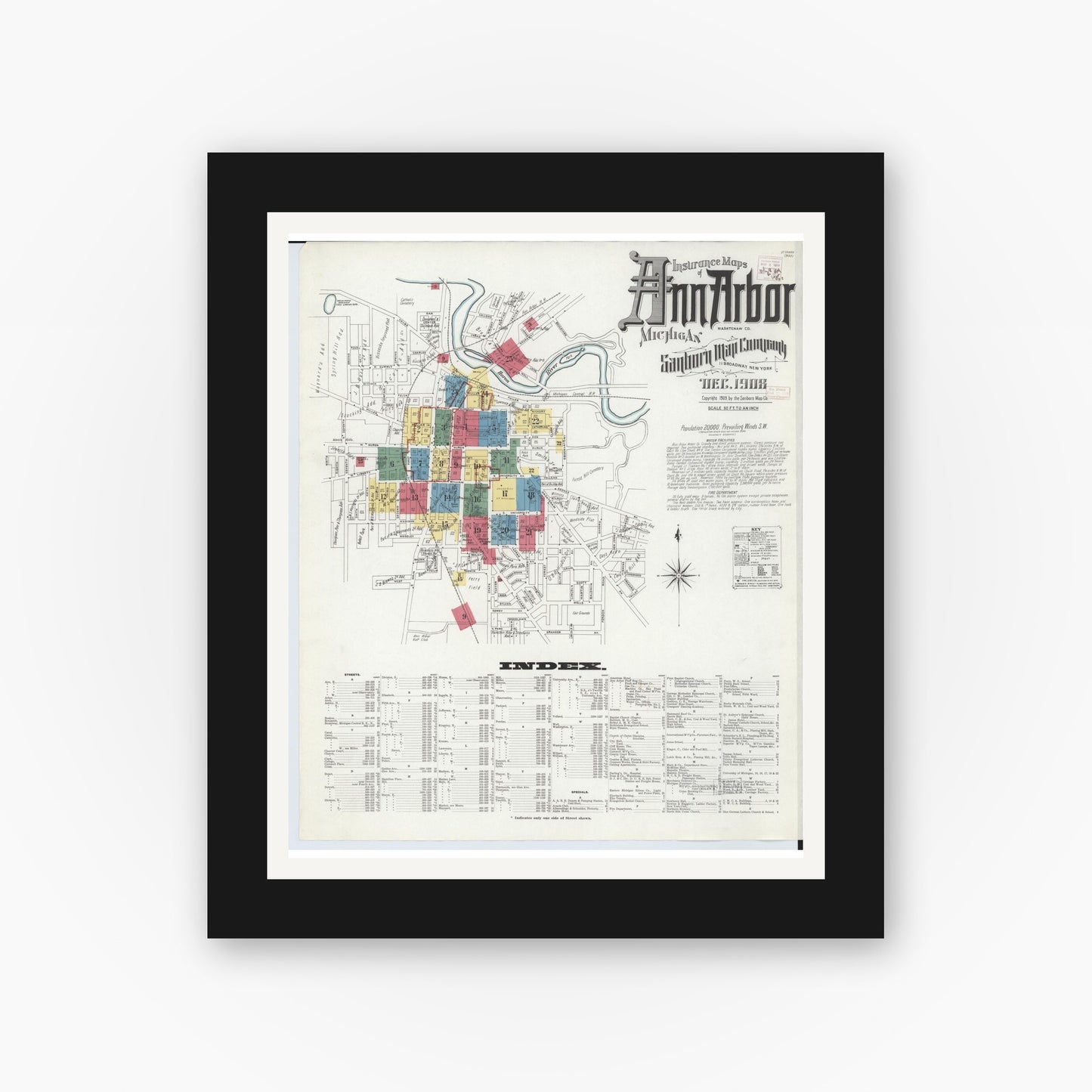 Old map wall art mockup — black gallery frame with white mat — Sanborn Fire Insurance Map from Ann Arbor, Washtenaw County, Michigan (1908), Sheet #0001