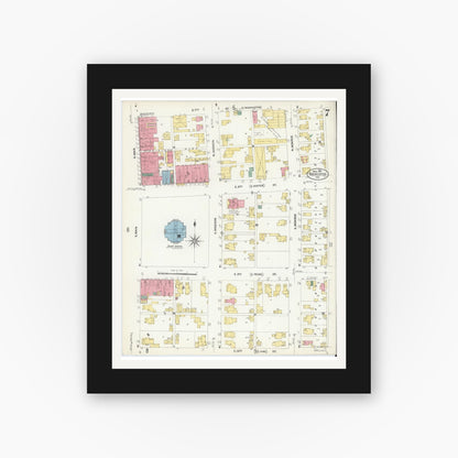 Old map wall art mockup — black gallery frame with white mat — Sanborn Fire Insurance Map from Rochester, Fulton County, Indiana (1907), Sheet #0007
