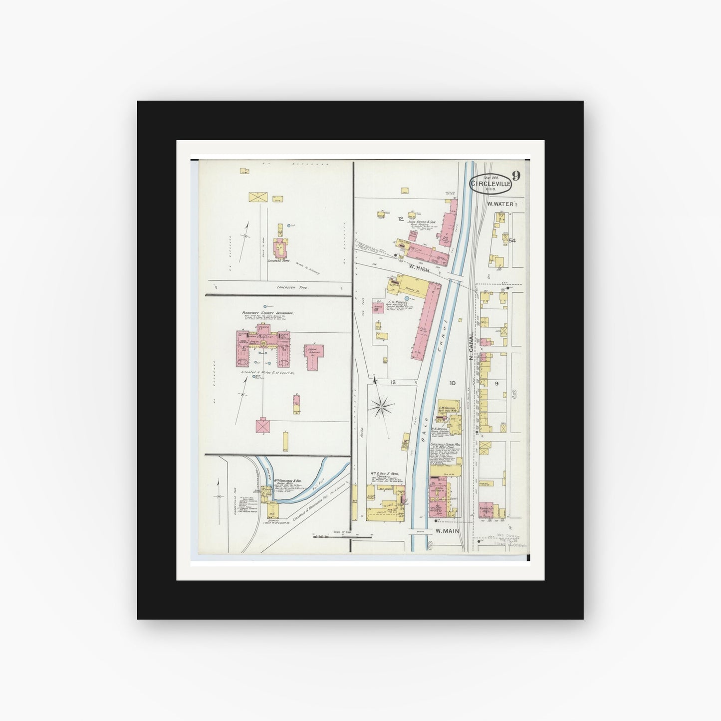 Old map wall art mockup — black gallery frame with white mat — Sanborn Fire Insurance Map from Circleville, Pickaway County, Ohio (1893), Sheet #0009