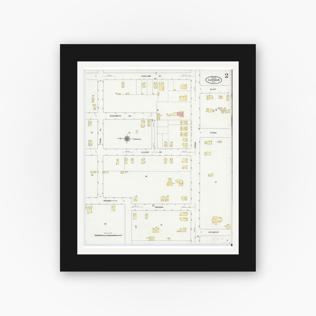 Old map wall art mockup — black gallery frame with white mat — Sanborn Fire Insurance Map from Eastwood, Onandaga County, New York (1911), Sheet #0002