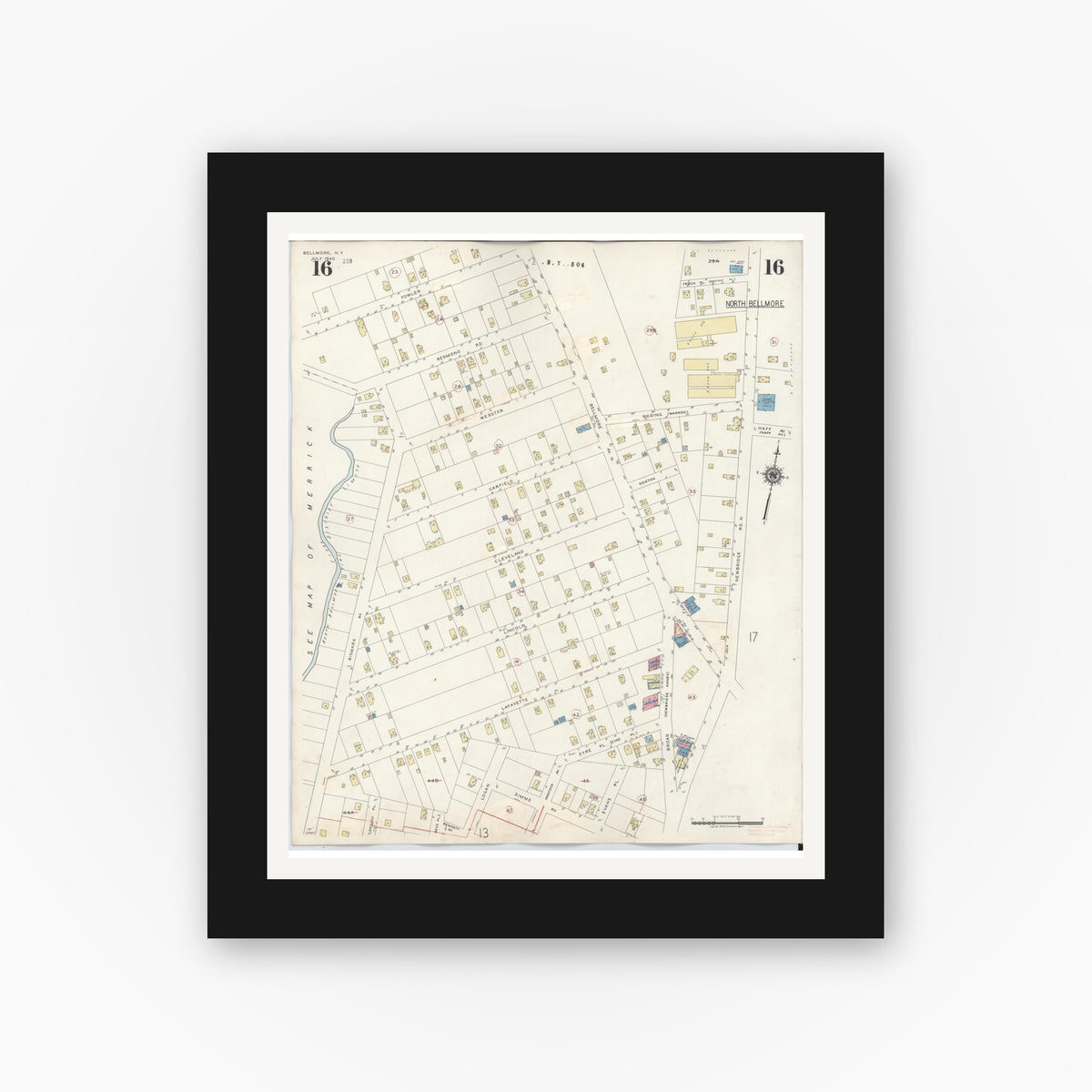 Old map wall art mockup — black gallery frame with white mat — Sanborn Fire Insurance Map from Bellmore, Nassau County, New York (1945), Sheet #0016