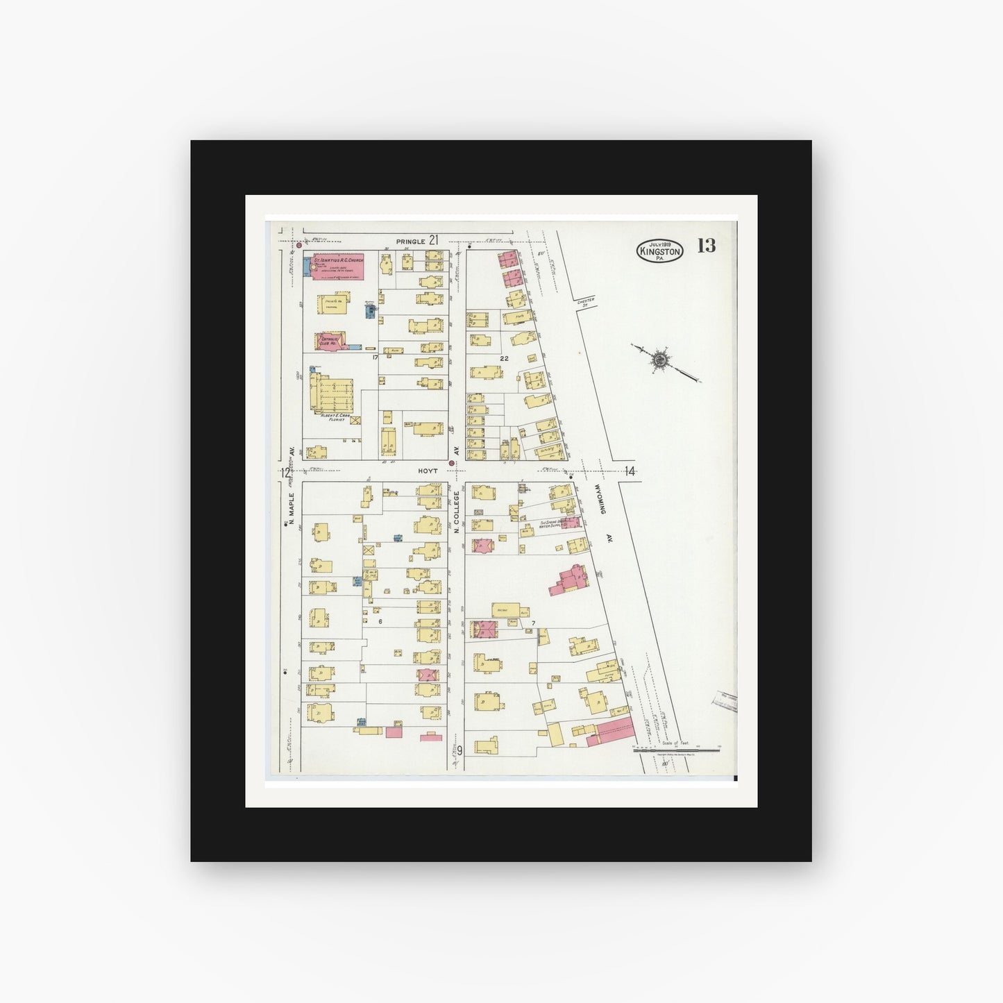 Old map wall art mockup — black gallery frame with white mat — Sanborn Fire Insurance Map from Kingston, Luzerne County, Pennsylvania (1919), Sheet #0013