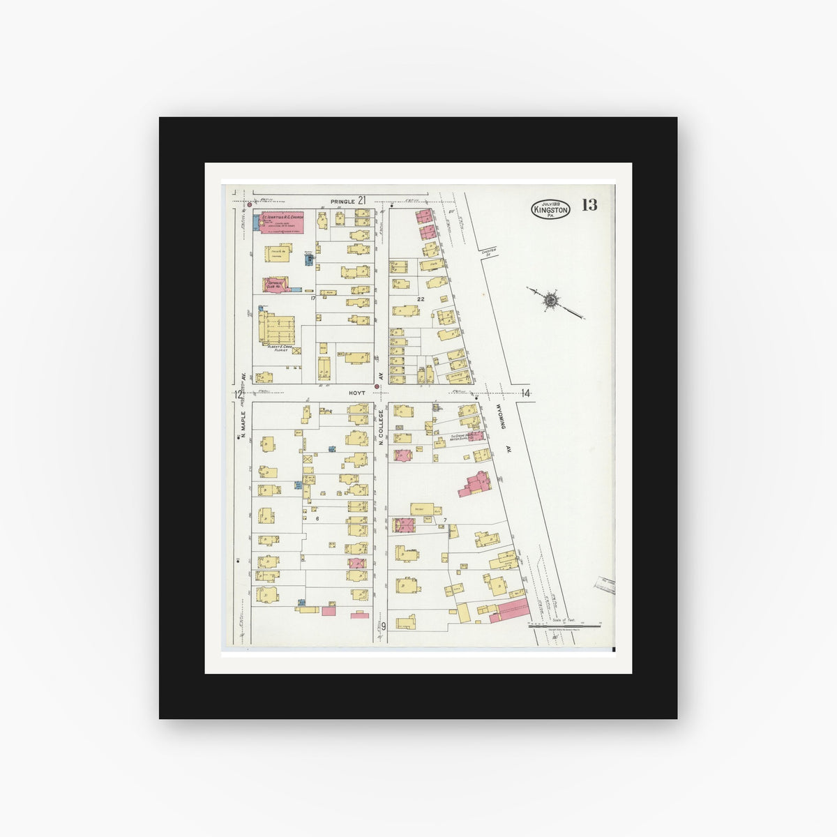 Old map wall art mockup — black gallery frame with white mat — Sanborn Fire Insurance Map from Kingston, Luzerne County, Pennsylvania (1919), Sheet #0013