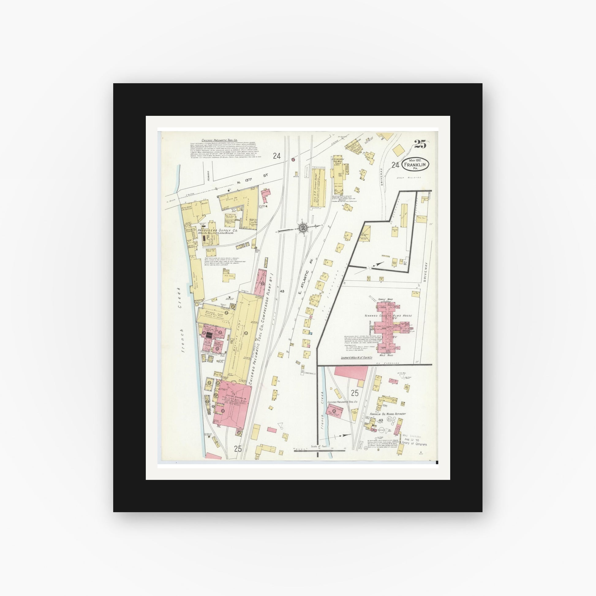 Old map wall art mockup — black gallery frame with white mat — Sanborn Fire Insurance Map from Franklin, Venango County, Pennsylvania (1912), Sheet #0025