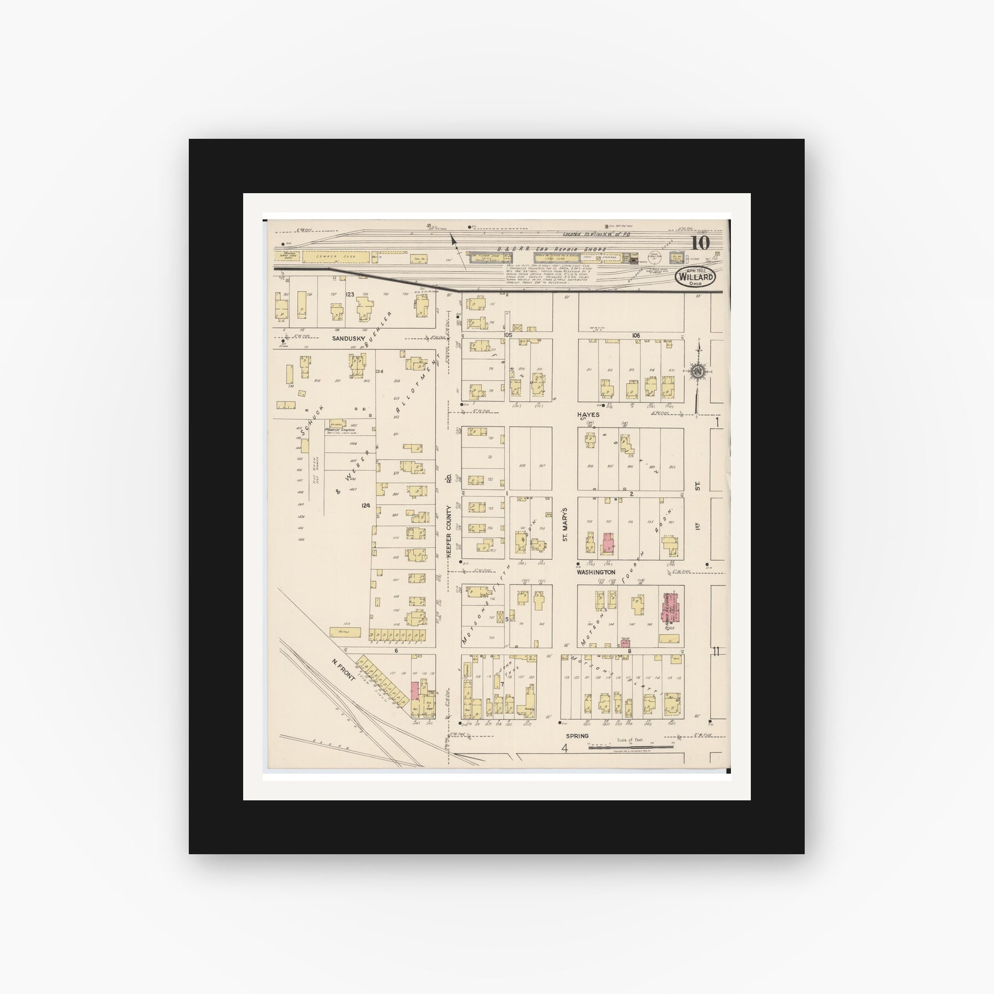 Old map wall art mockup — black gallery frame with white mat — Sanborn Fire Insurance Map from Willard, Huron County, Ohio (1922), Sheet #0010