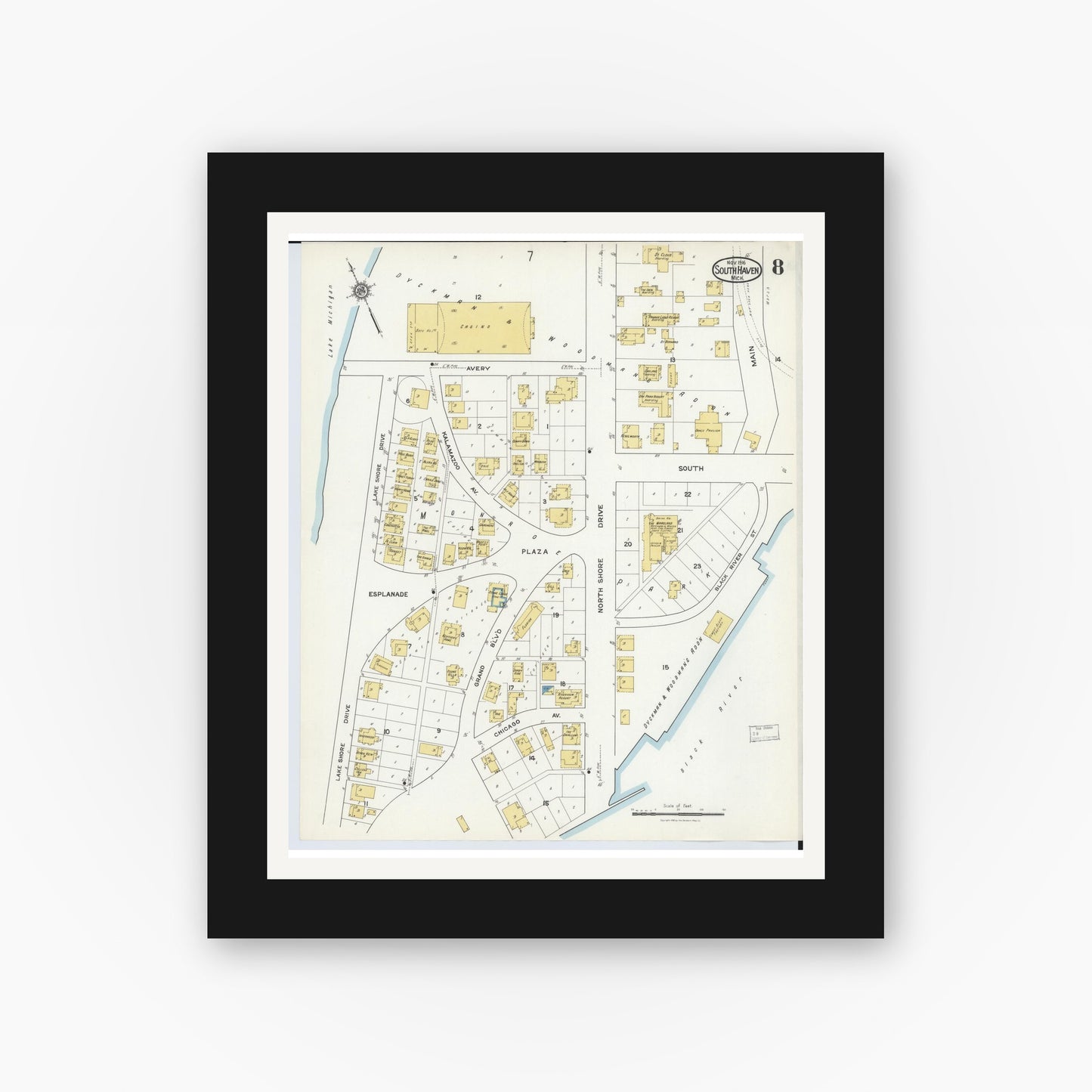 Old map wall art mockup — black gallery frame with white mat — Sanborn Fire Insurance Map from South Haven, Van Buren County, Michigan (1916), Sheet #0008