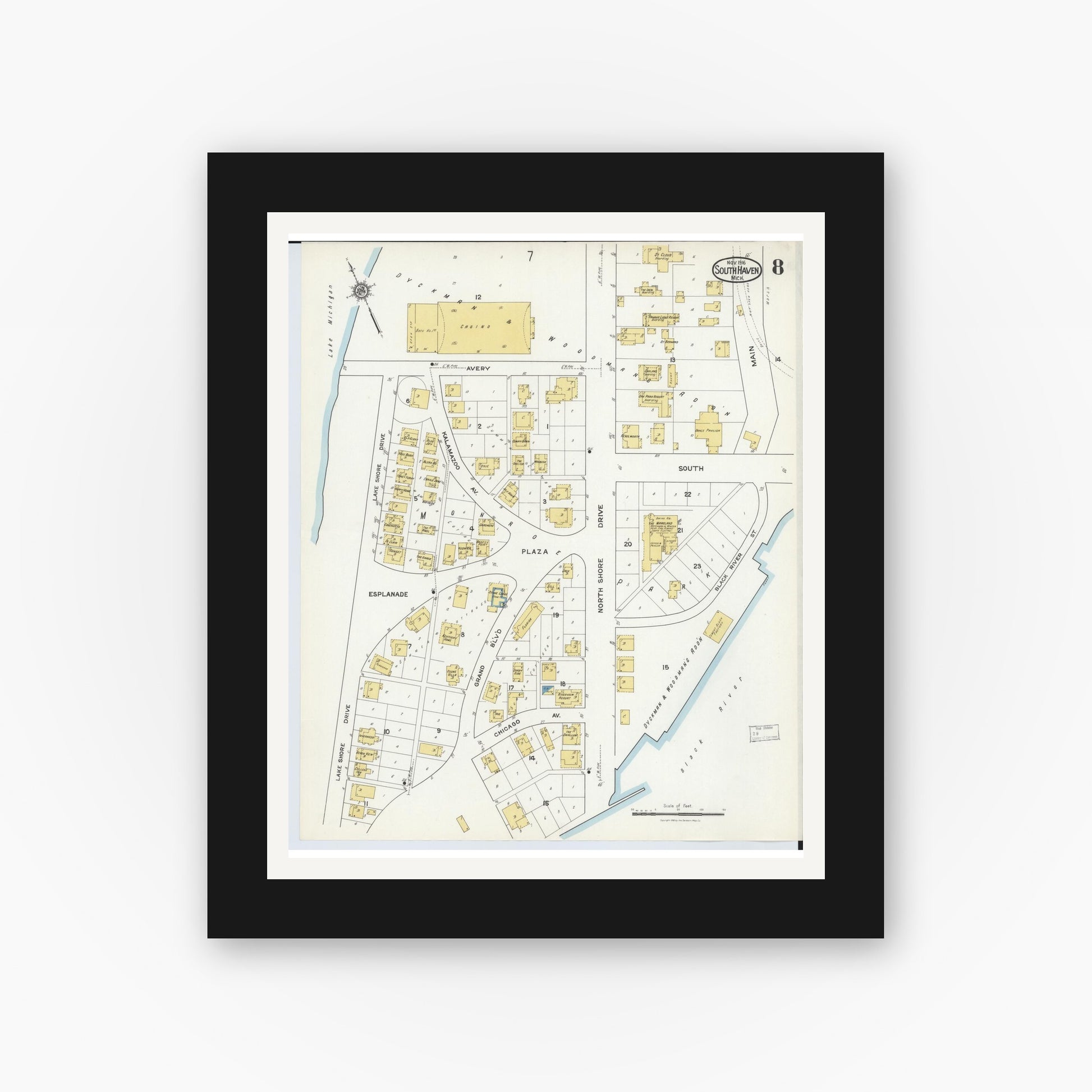 Old map wall art mockup — black gallery frame with white mat — Sanborn Fire Insurance Map from South Haven, Van Buren County, Michigan (1916), Sheet #0008