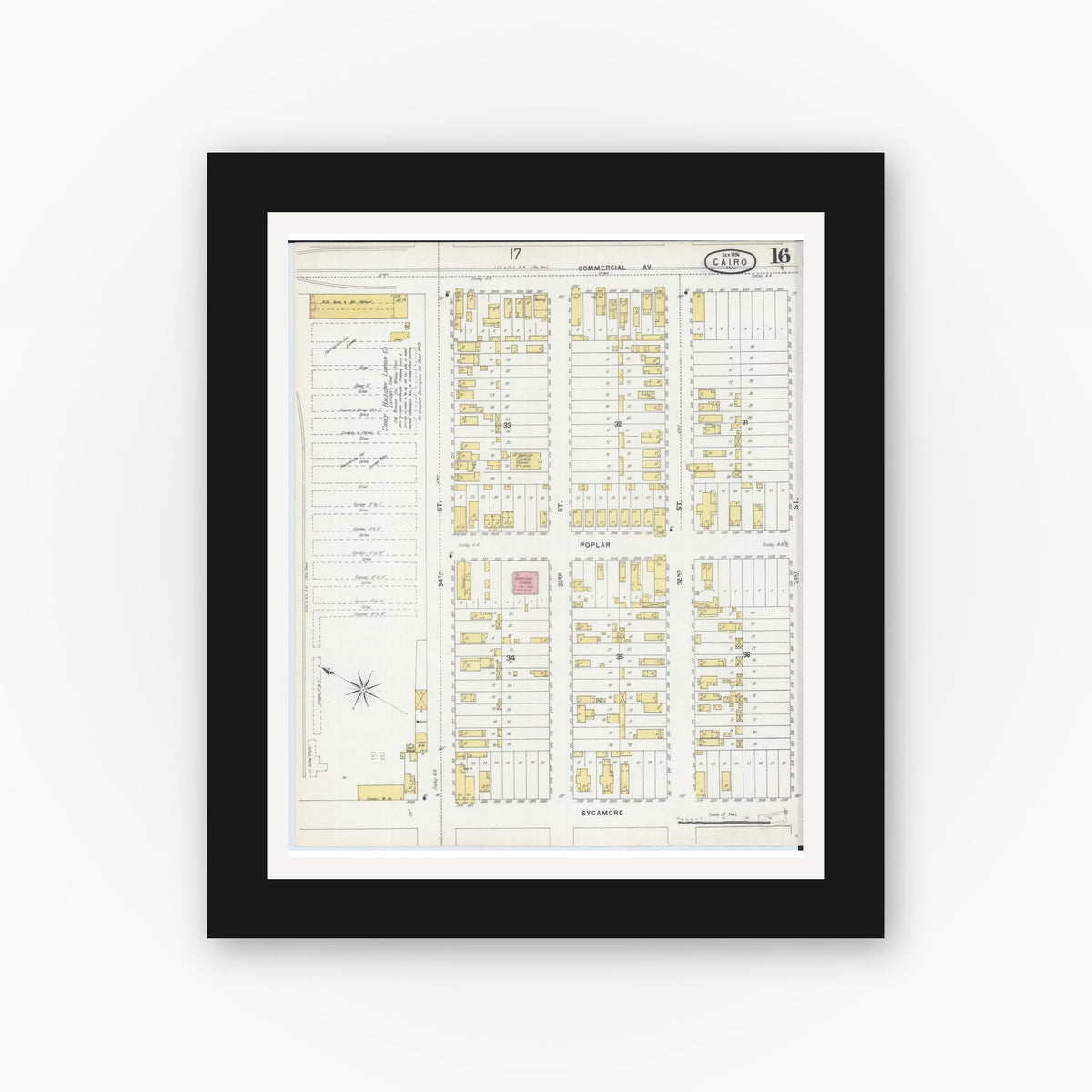 Old map wall art mockup — black gallery frame with white mat — Sanborn Fire Insurance Map from Cairo, Alexander County, Illinois (1896), Sheet #0016