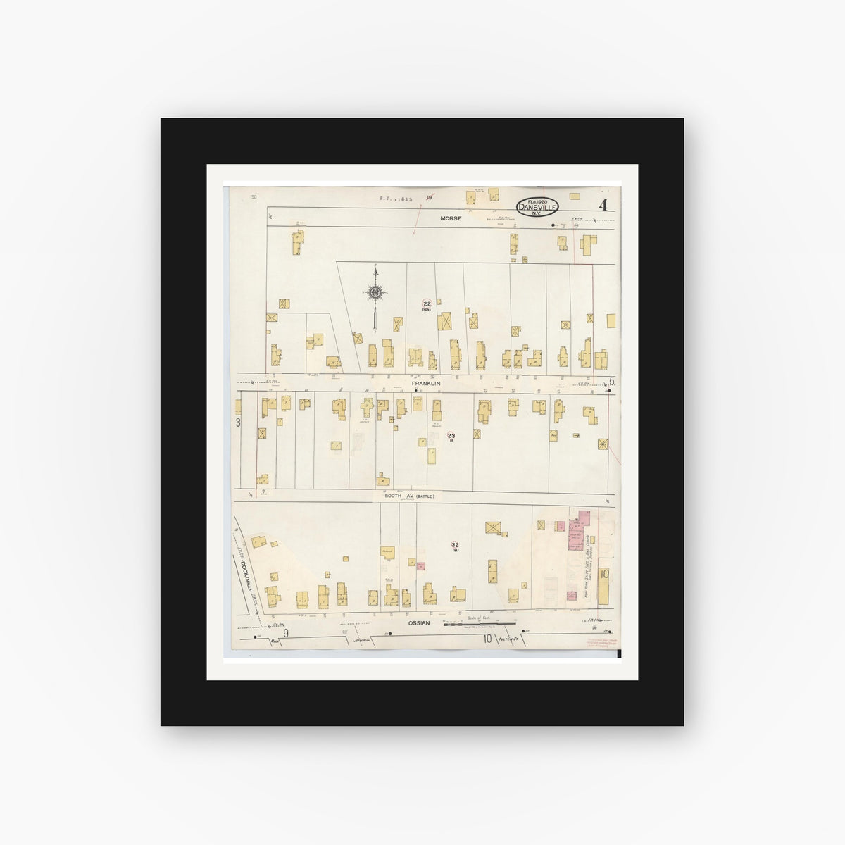 Old map wall art mockup — black gallery frame with white mat — Sanborn Fire Insurance Map from Dansville, Livingston County, New York (1944), Sheet #0004