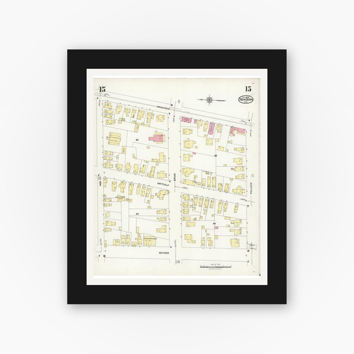Old map wall art mockup — black gallery frame with white mat — Sanborn Fire Insurance Map from New Bern, Craven County, North Carolina (1924), Sheet #0015