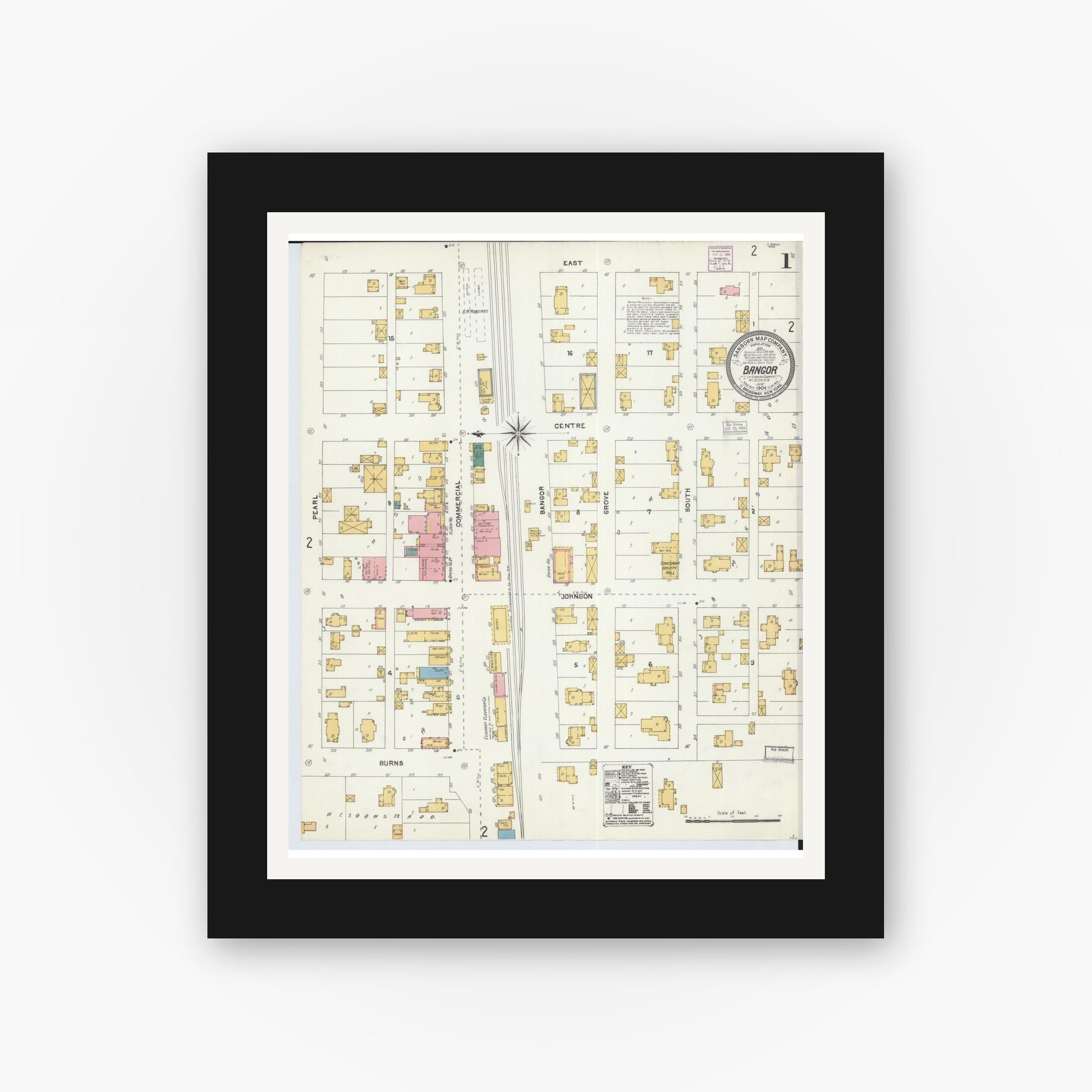 Old map wall art mockup — black gallery frame with white mat — Sanborn Fire Insurance Map from Bangor, La Crosse County, Wisconsin (1904), Sheet #0001