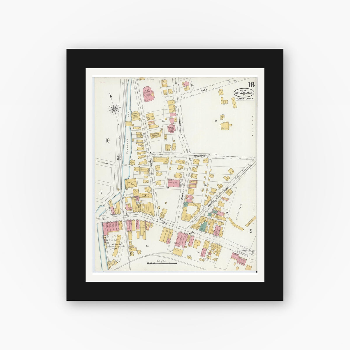 Old map wall art mockup — black gallery frame with white mat — Sanborn Fire Insurance Map from Turtle Creek Valley, Allegheny County, Pennsylvania (1906), Sheet #0018