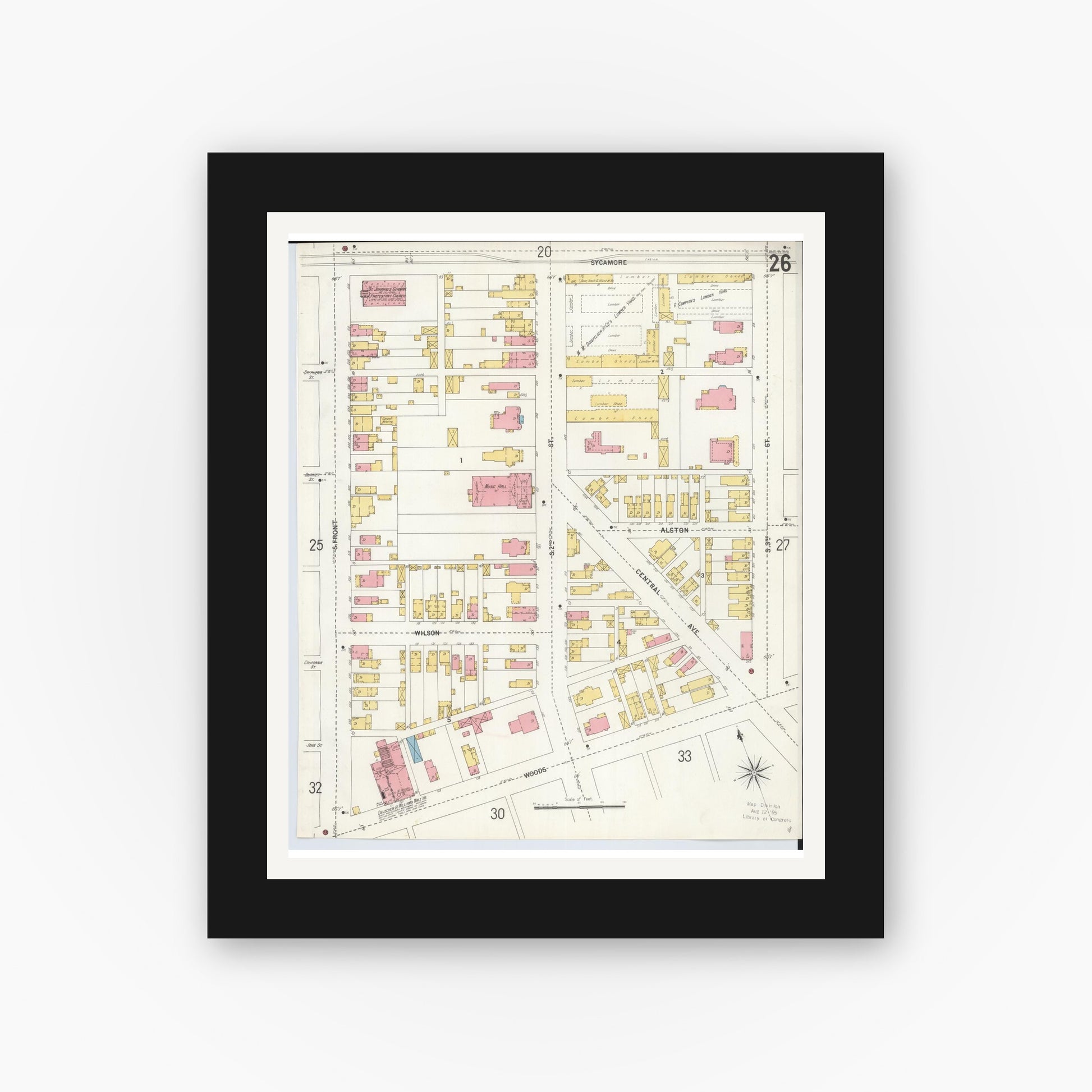 Old map wall art mockup — black gallery frame with white mat — Sanborn Fire Insurance Map from Hamilton, Butler County, Ohio (1899), Sheet #0026