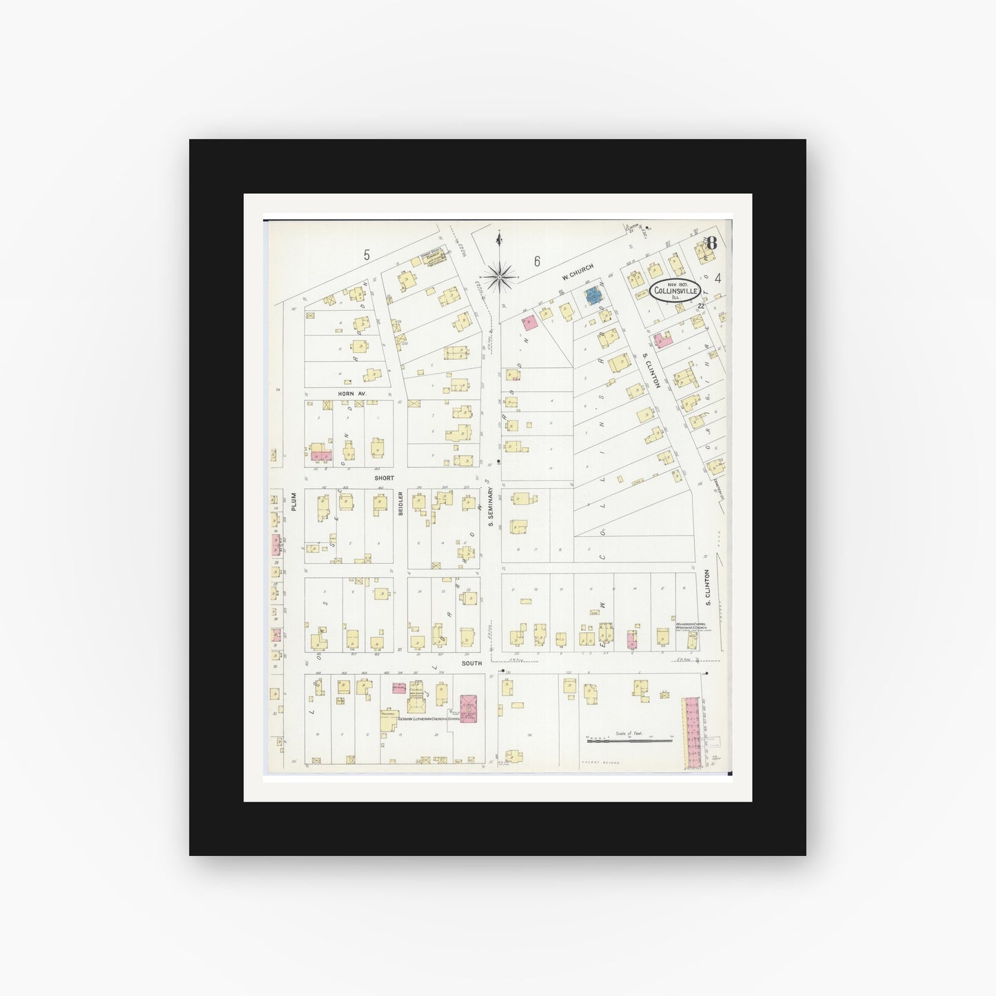 Old map wall art mockup — black gallery frame with white mat — Sanborn Fire Insurance Map from Collinsville, Madison County, Illinois (1907), Sheet #0008