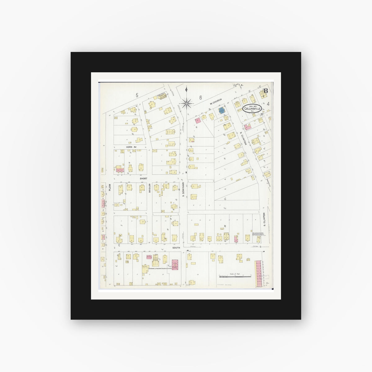 Old map wall art mockup — black gallery frame with white mat — Sanborn Fire Insurance Map from Collinsville, Madison County, Illinois (1907), Sheet #0008