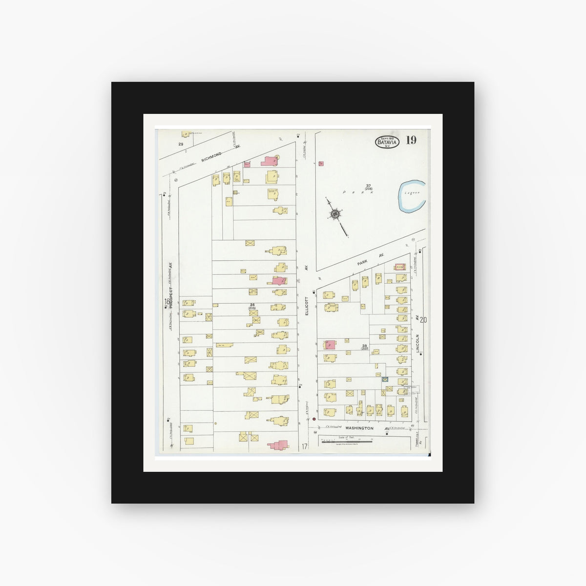 Old map wall art mockup — black gallery frame with white mat — Sanborn Fire Insurance Map from Batavia, Genesee County, New York (1919), Sheet #0019