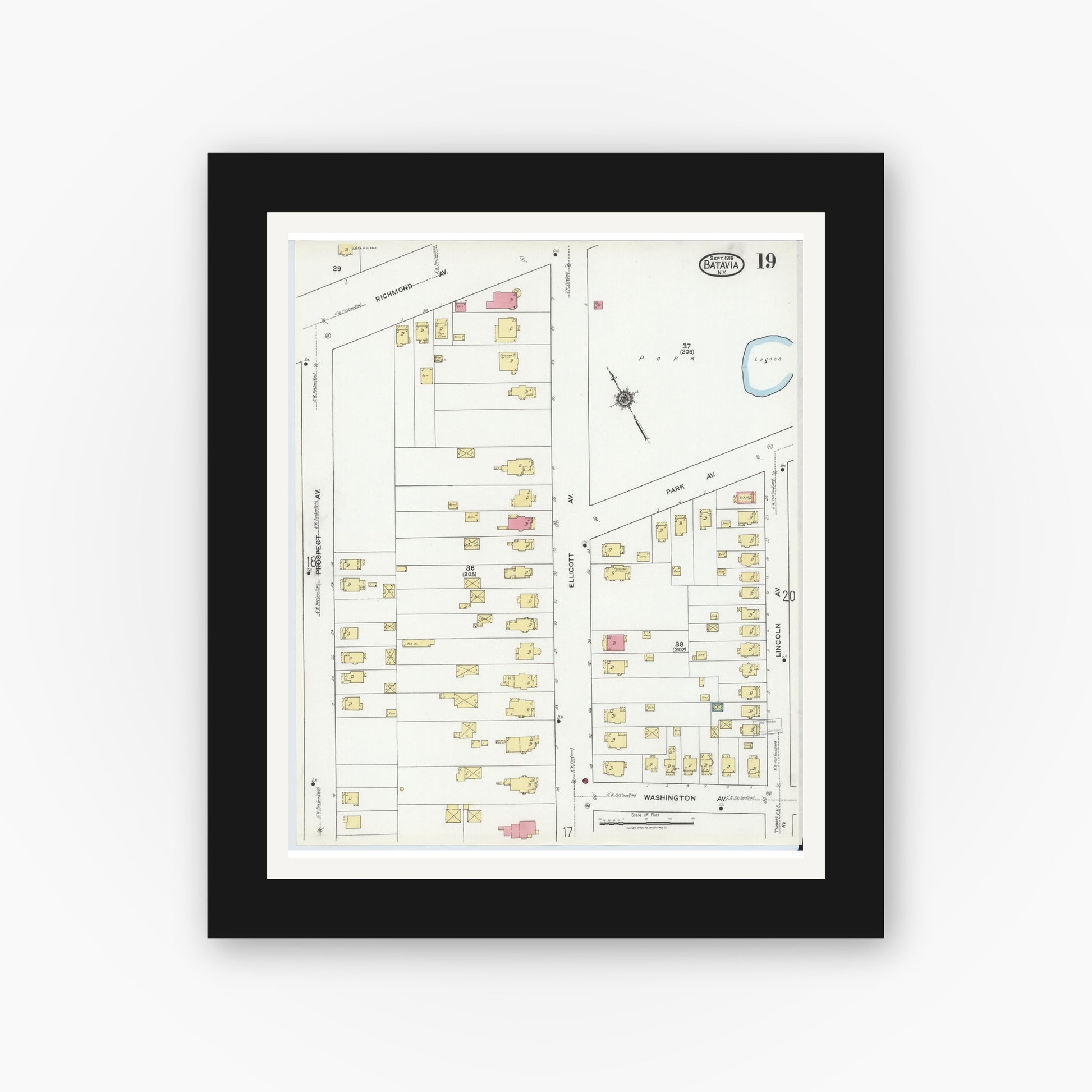 Old map wall art mockup — black gallery frame with white mat — Sanborn Fire Insurance Map from Batavia, Genesee County, New York (1919), Sheet #0019