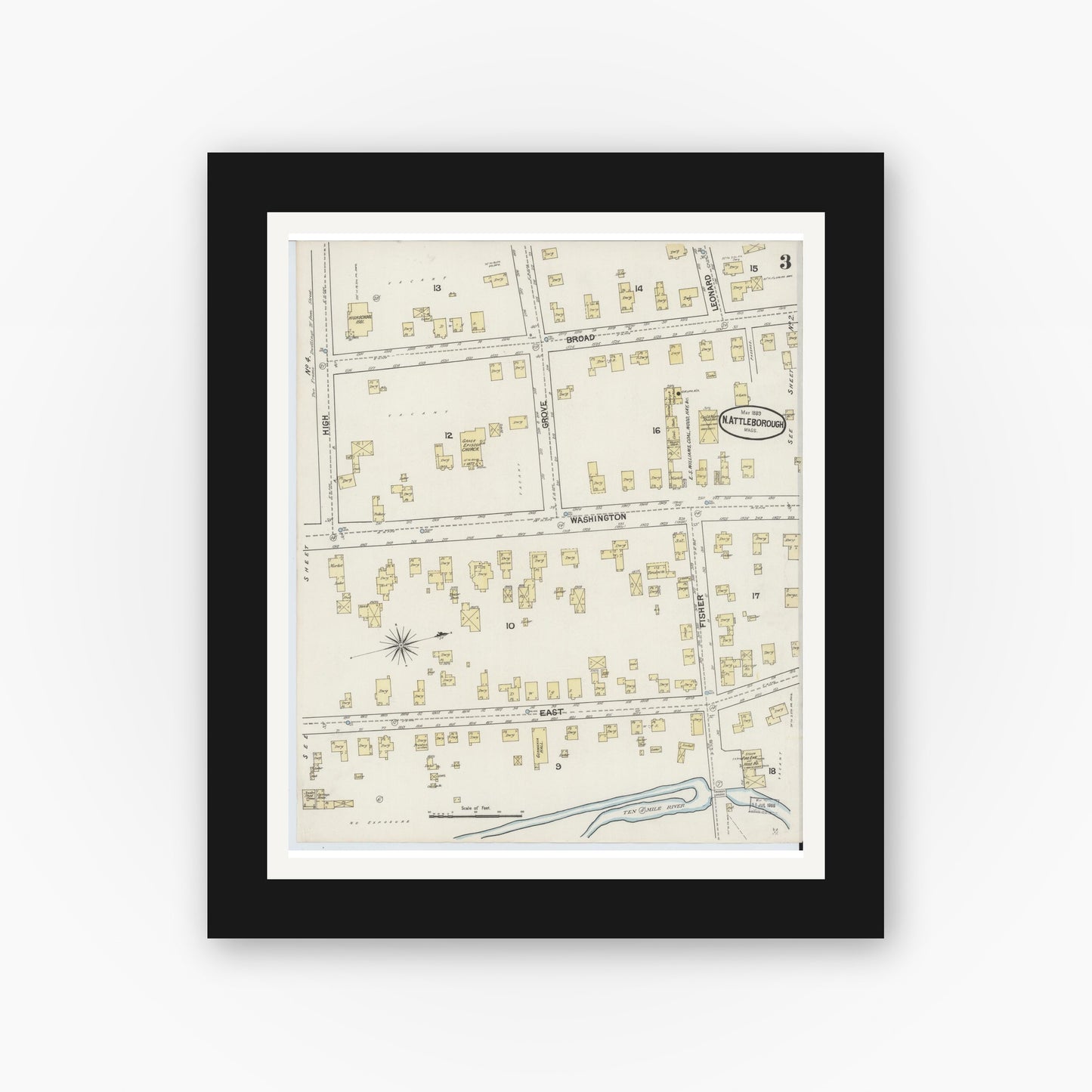 Old map wall art mockup — black gallery frame with white mat — Sanborn Fire Insurance Map from North Attleborough, Bristol County, Massachusetts (1889), Sheet #0003