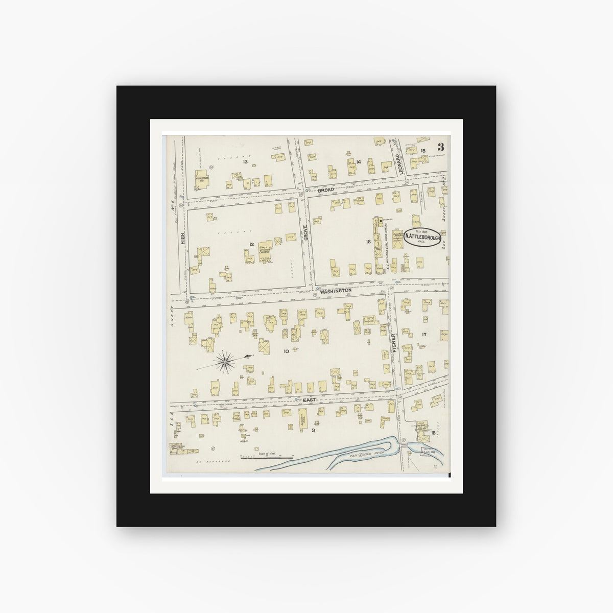 Old map wall art mockup — black gallery frame with white mat — Sanborn Fire Insurance Map from North Attleborough, Bristol County, Massachusetts (1889), Sheet #0003