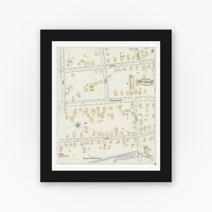 Old map wall art mockup — black gallery frame with white mat — Sanborn Fire Insurance Map from North Attleborough, Bristol County, Massachusetts (1889), Sheet #0003