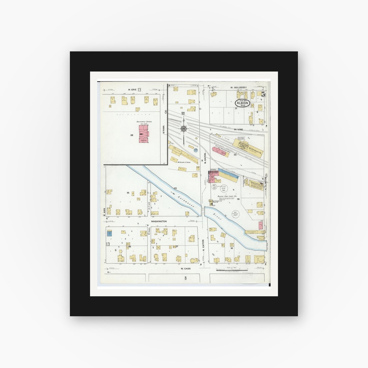 Old map wall art mockup — black gallery frame with white mat — Sanborn Fire Insurance Map from Albion, Calhoun County, Michigan (1918), Sheet #0005