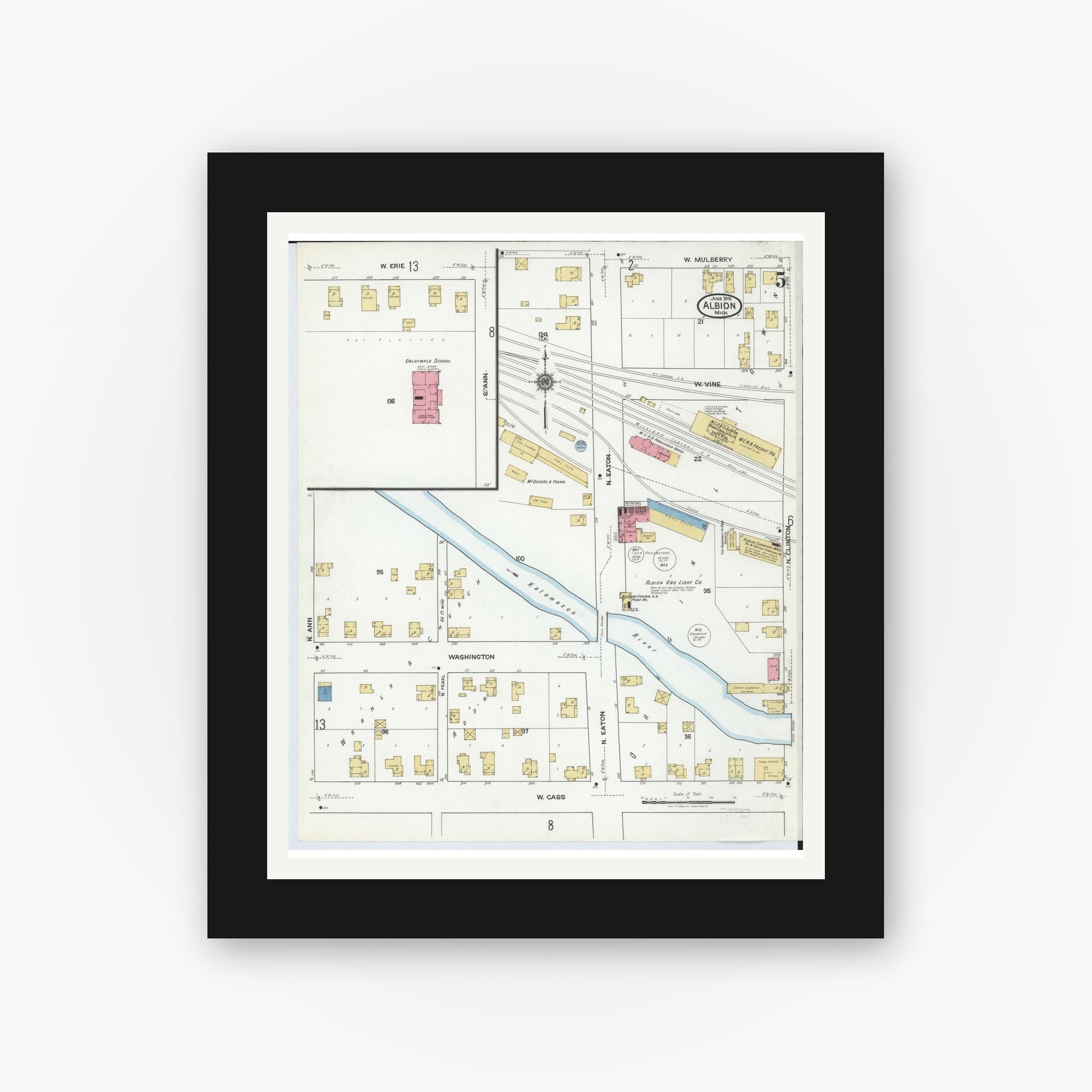 Old map wall art mockup — black gallery frame with white mat — Sanborn Fire Insurance Map from Albion, Calhoun County, Michigan (1918), Sheet #0005
