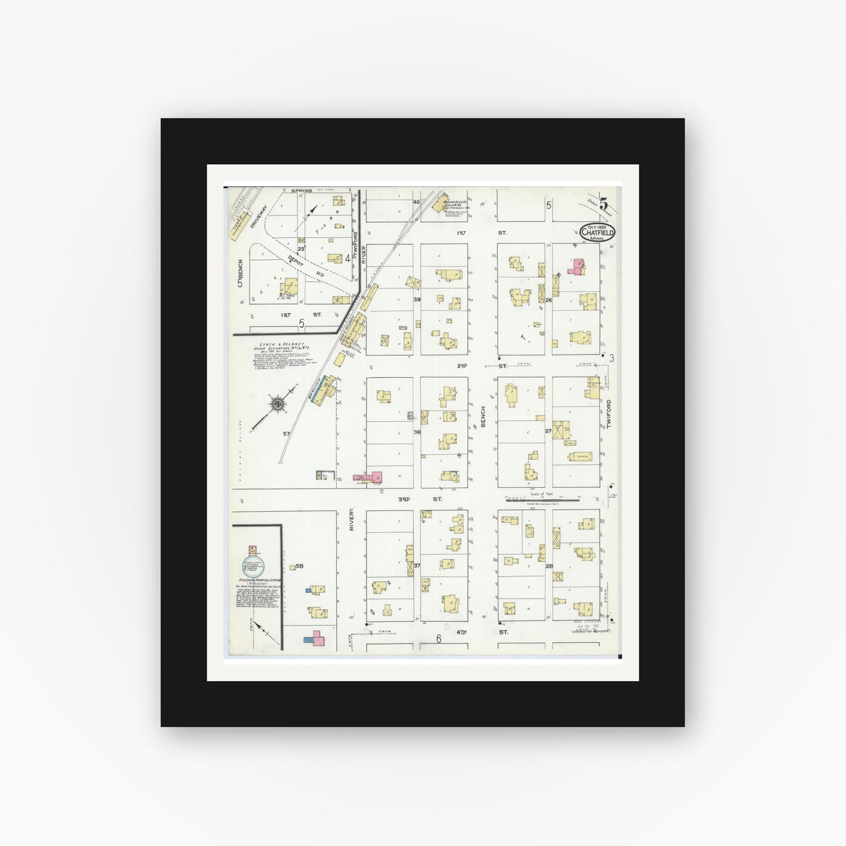 Old map wall art mockup — black gallery frame with white mat — Sanborn Fire Insurance Map from Chatfield, Fillmore And Olmsted Counties, Minnesota (1920), Sheet #0005