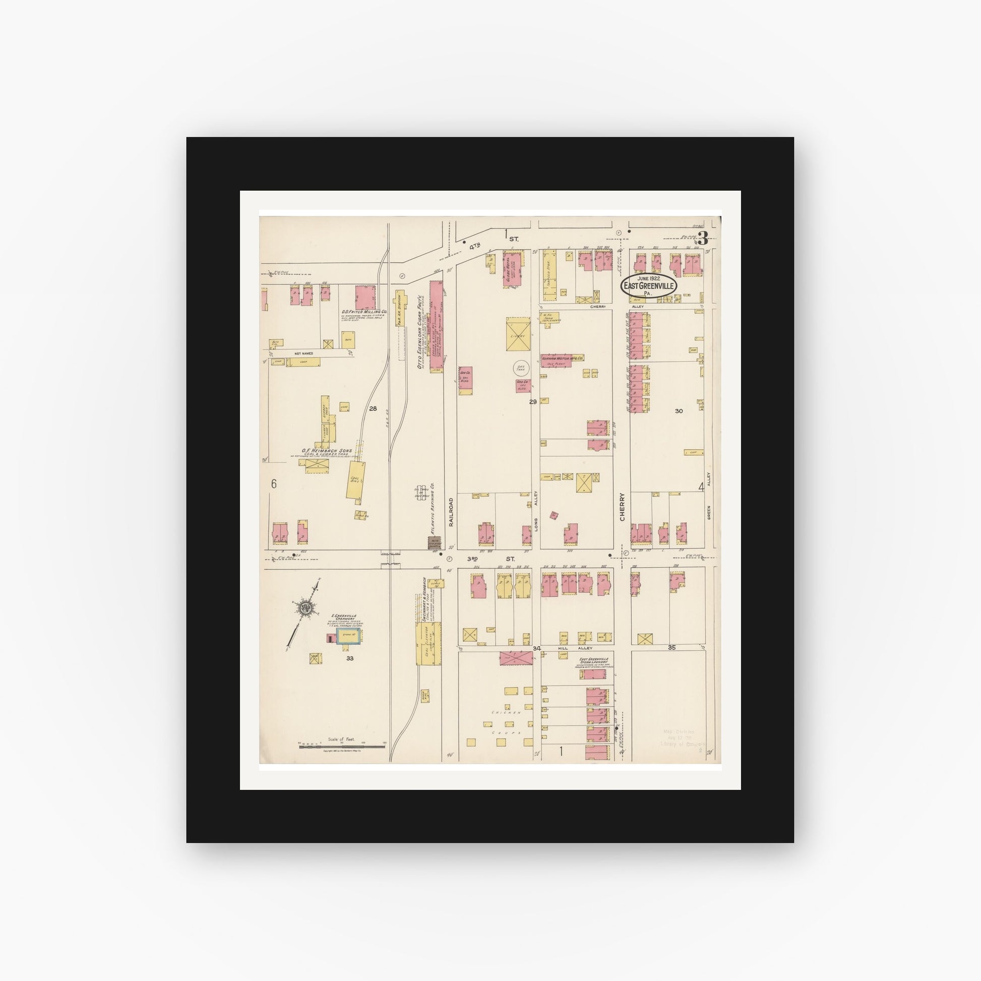 Old map wall art mockup — black gallery frame with white mat — Sanborn Fire Insurance Map from East Greenville, Montgomery County, Pennsylvania (1922), Sheet #0003