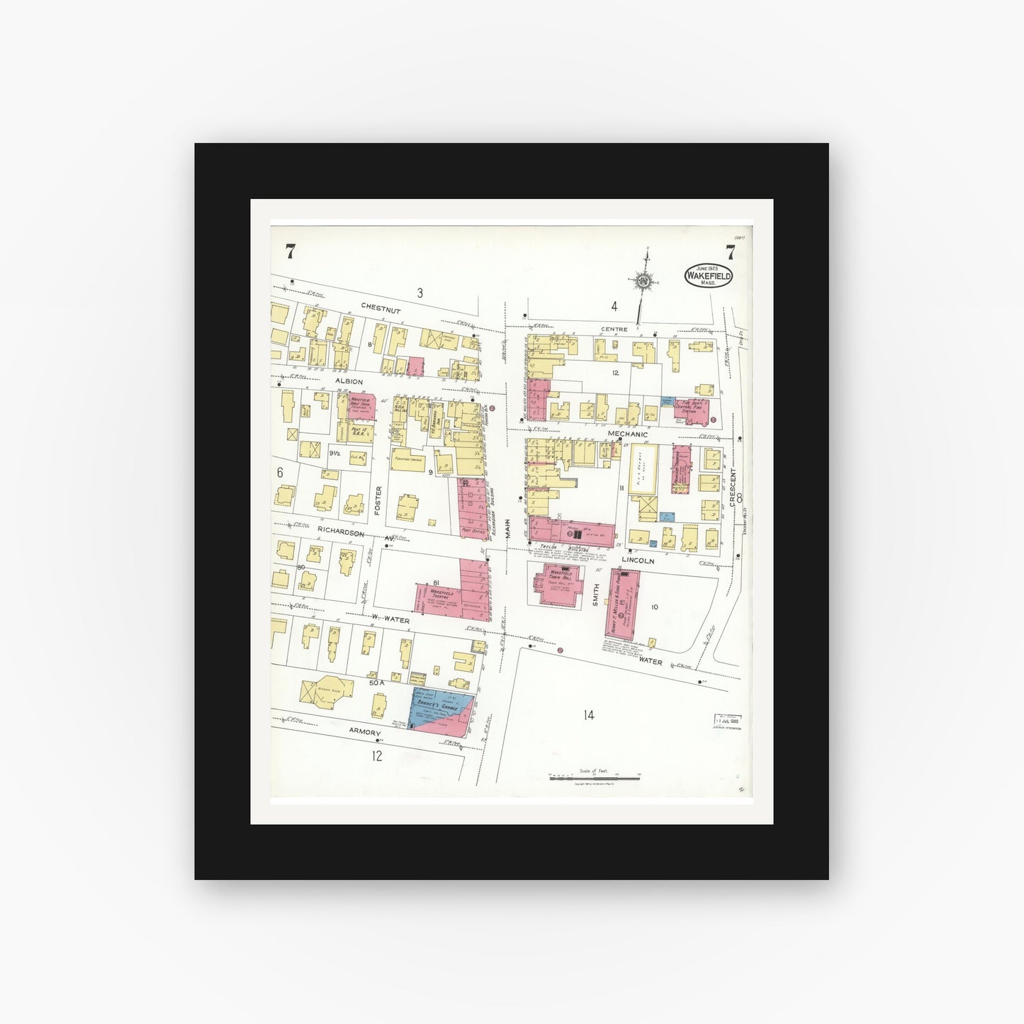 Old map wall art mockup — black gallery frame with white mat — Sanborn Fire Insurance Map from Wakefield, Middlesex County, Massachusetts (1923), Sheet #0007