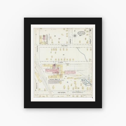 Old map wall art mockup — black gallery frame with white mat — Sanborn Fire Insurance Map from Cortland, Cortland County, New York (1887), Sheet #0009
