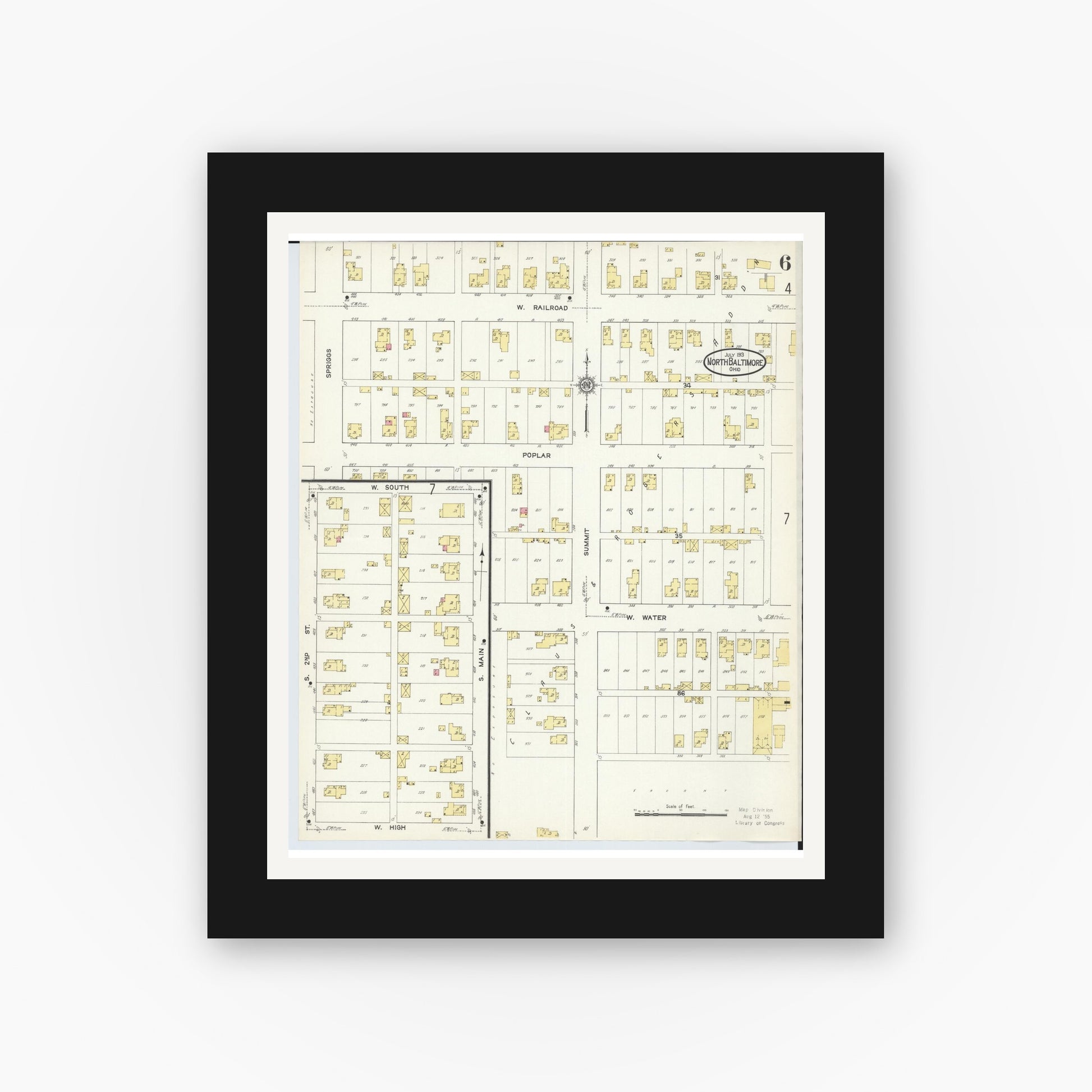 Old map wall art mockup — black gallery frame with white mat — Sanborn Fire Insurance Map from North Baltimore, Wood County, Ohio (1913), Sheet #0006