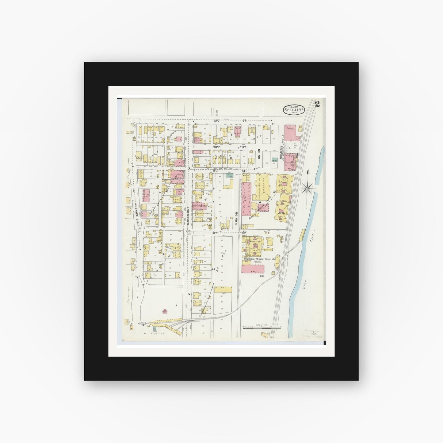 Old map wall art mockup — black gallery frame with white mat — Sanborn Fire Insurance Map from Bellaire, Belmont County, Ohio (1895), Sheet #0002