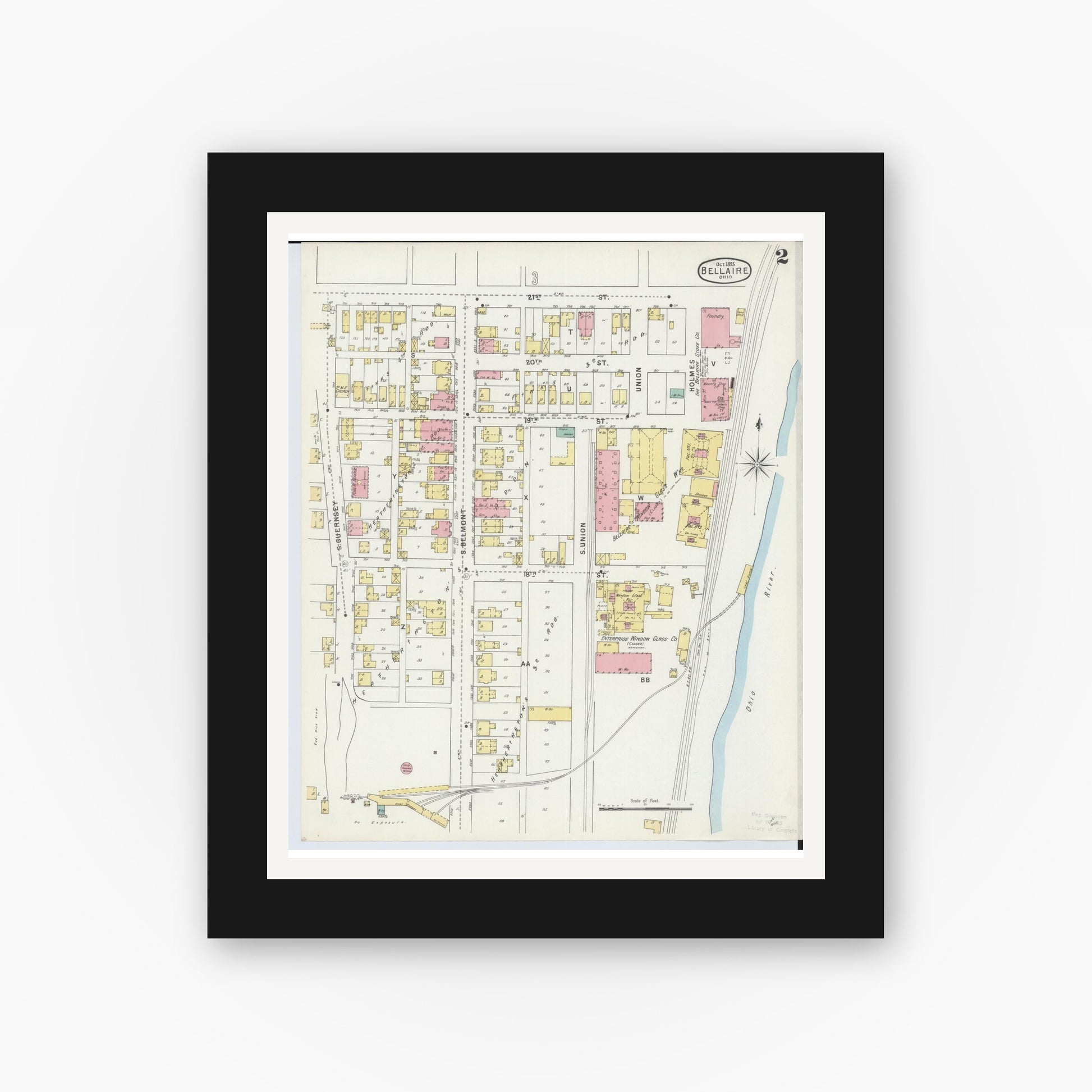 Old map wall art mockup — black gallery frame with white mat — Sanborn Fire Insurance Map from Bellaire, Belmont County, Ohio (1895), Sheet #0002