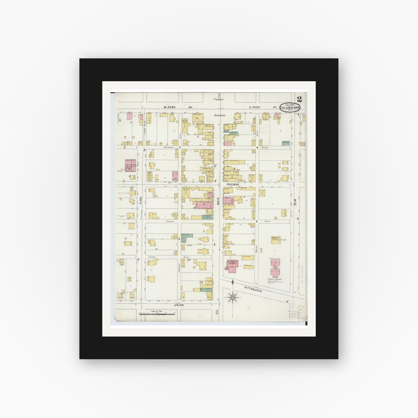 Old map wall art mockup — black gallery frame with white mat — Sanborn Fire Insurance Map from Columbiana, Columbiana County, Ohio (1896), Sheet #0002